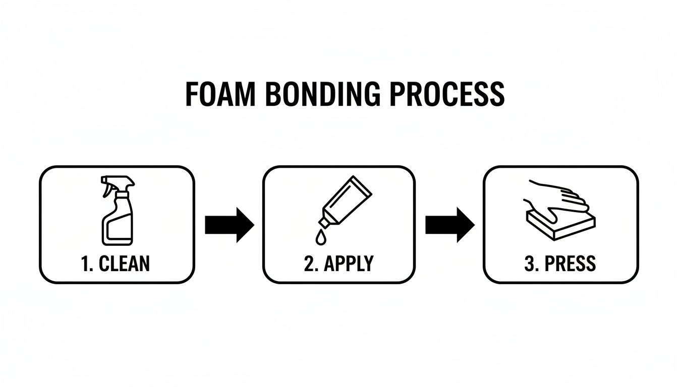 Diagram showing the three-step foam bonding process: clean surface, apply adhesive, and press foam.