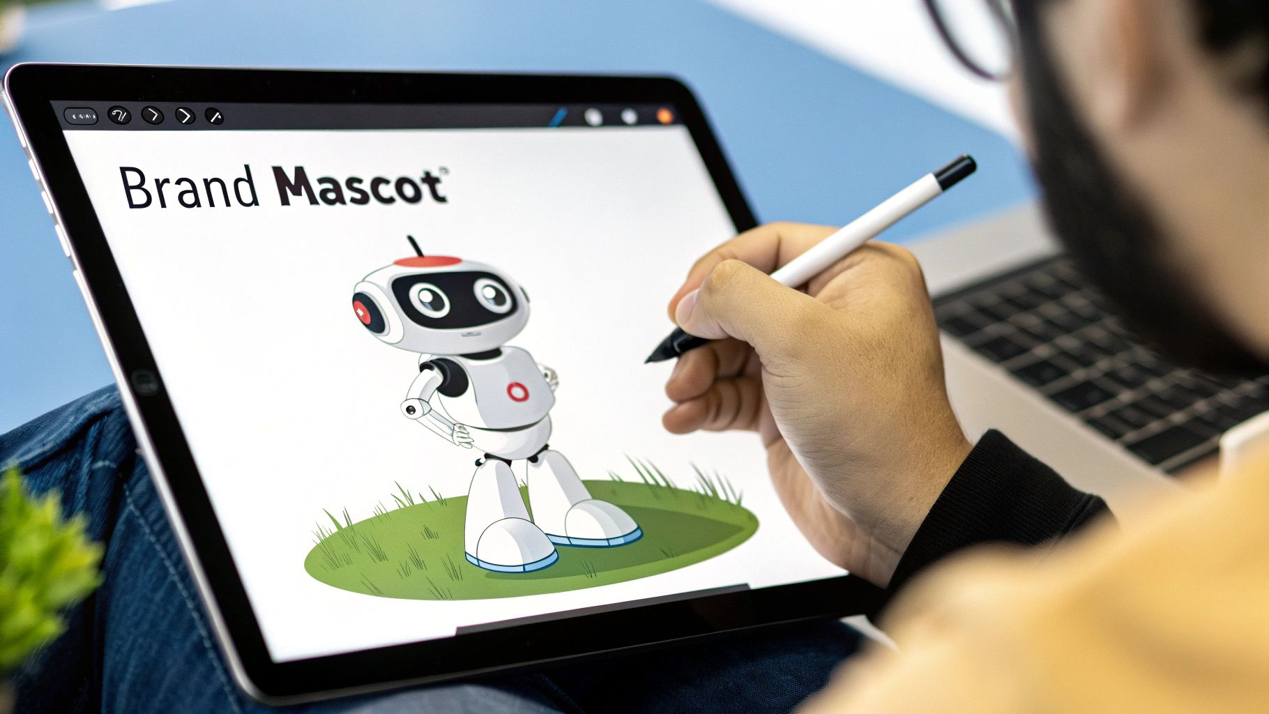 A cute, 3D character render of a friendly robot mascot holding a coffee cup, made from recycled materials.