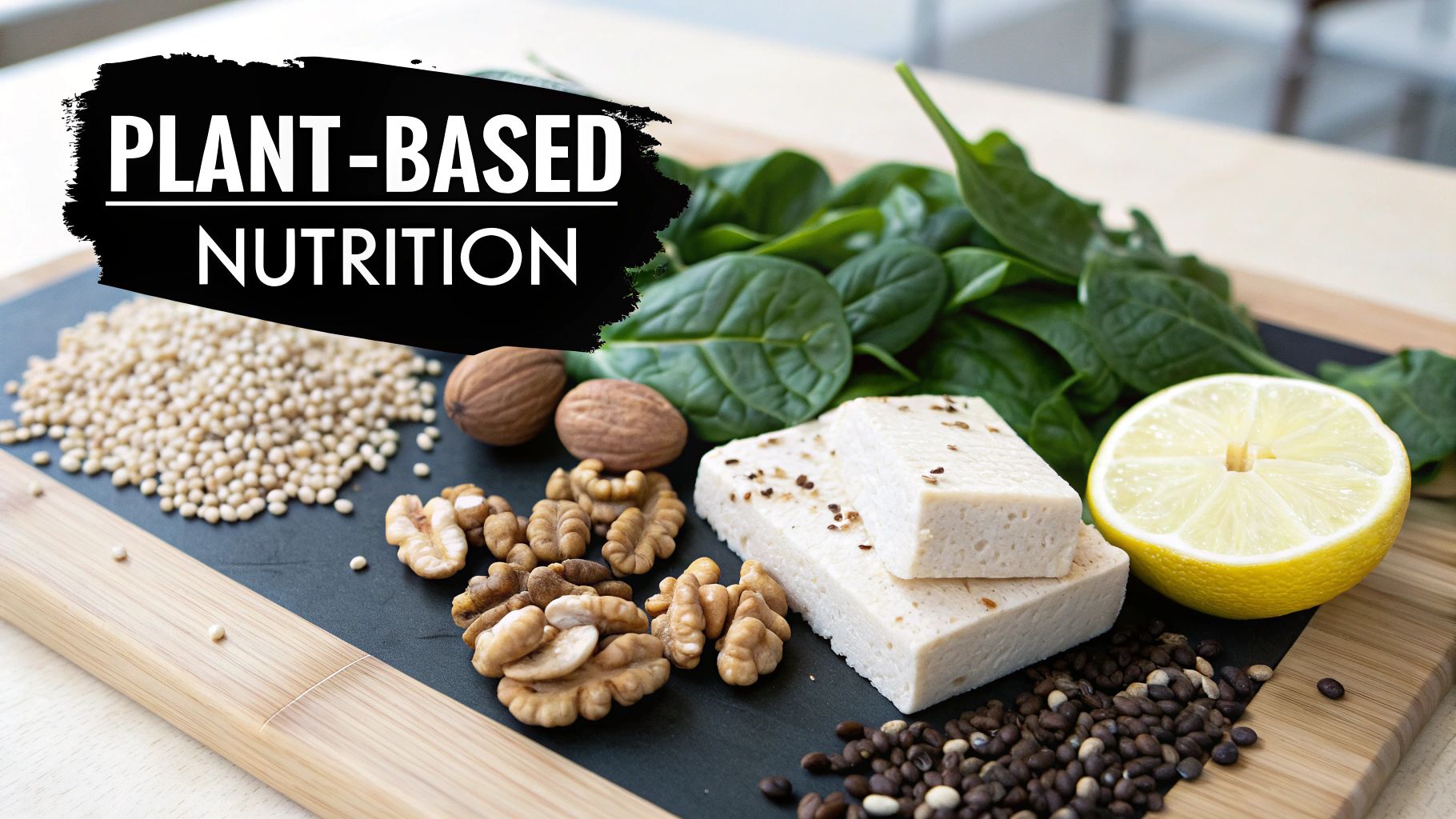 A colorful flat lay of nutrient-dense vegetarian foods like spinach, lentils, tofu, walnuts, and citrus fruits.