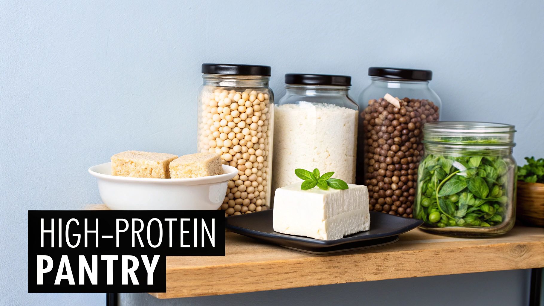 Vegetarian pantry items like lentils, chickpeas, tofu, and nuts arranged on a kitchen counter