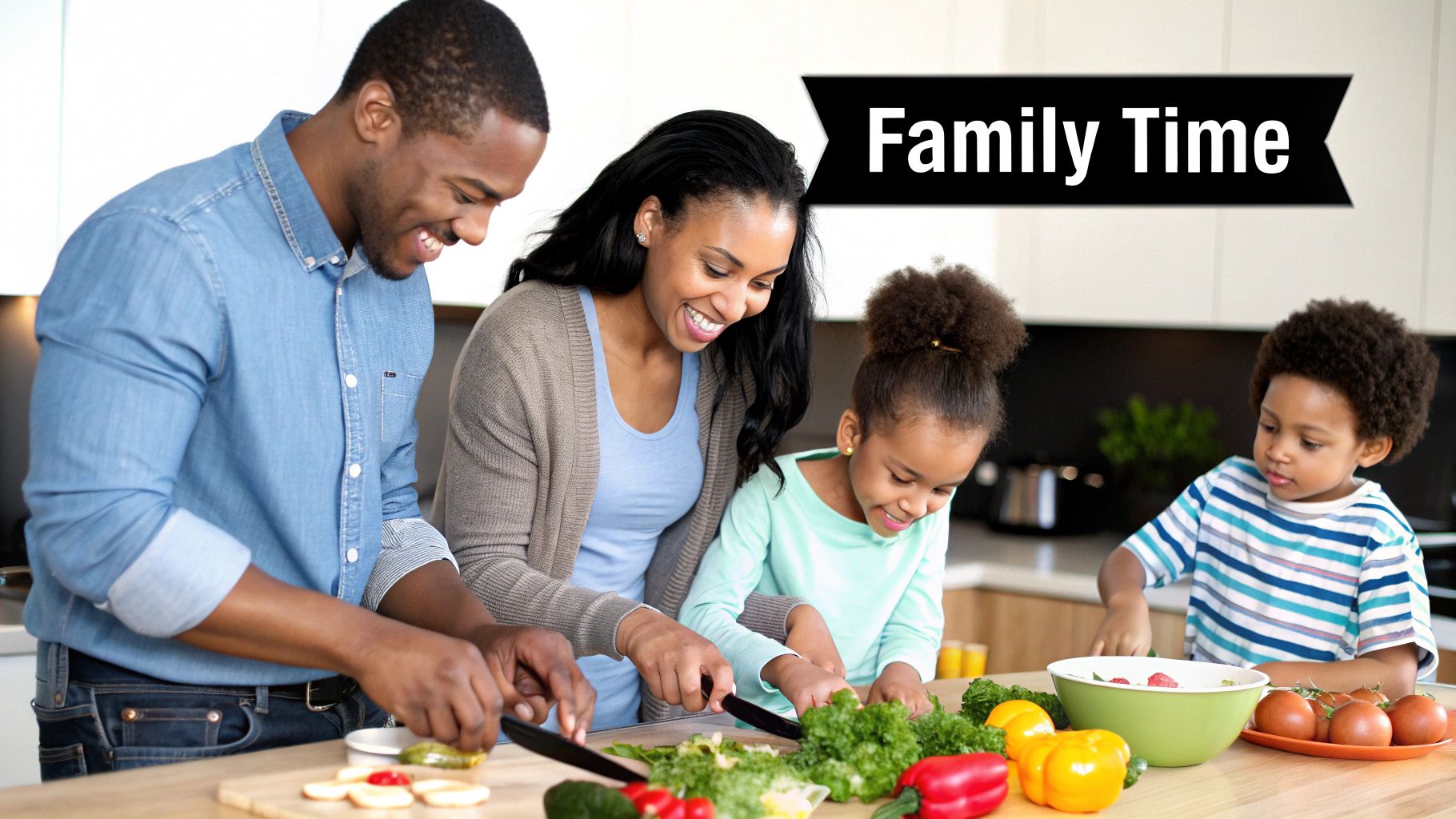 A family smiling and cooking together in a bright, modern kitchen.