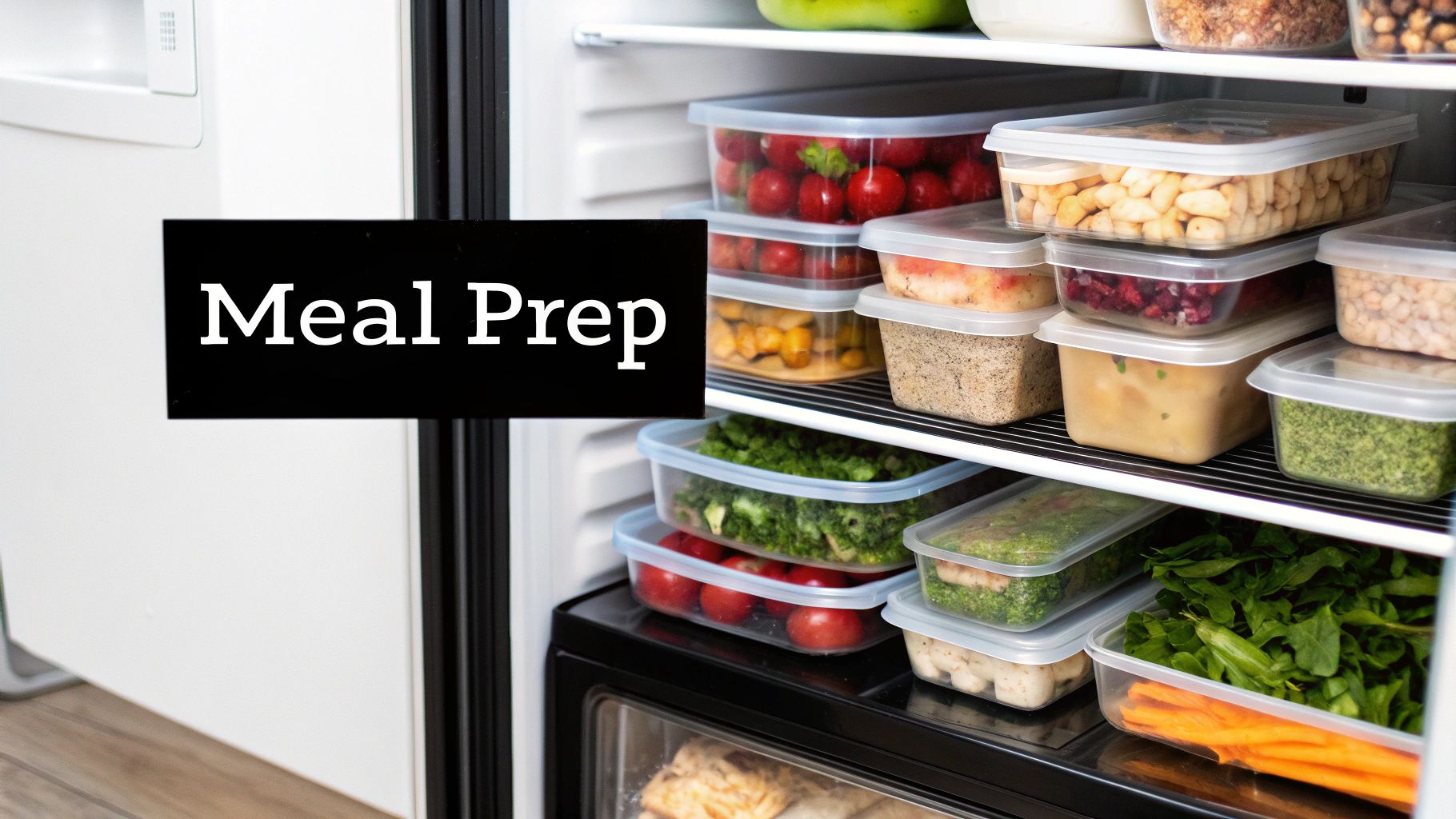 A top-down view of several glass meal prep containers filled with colorful, healthy meals like grilled chicken, quinoa, and roasted vegetables.
