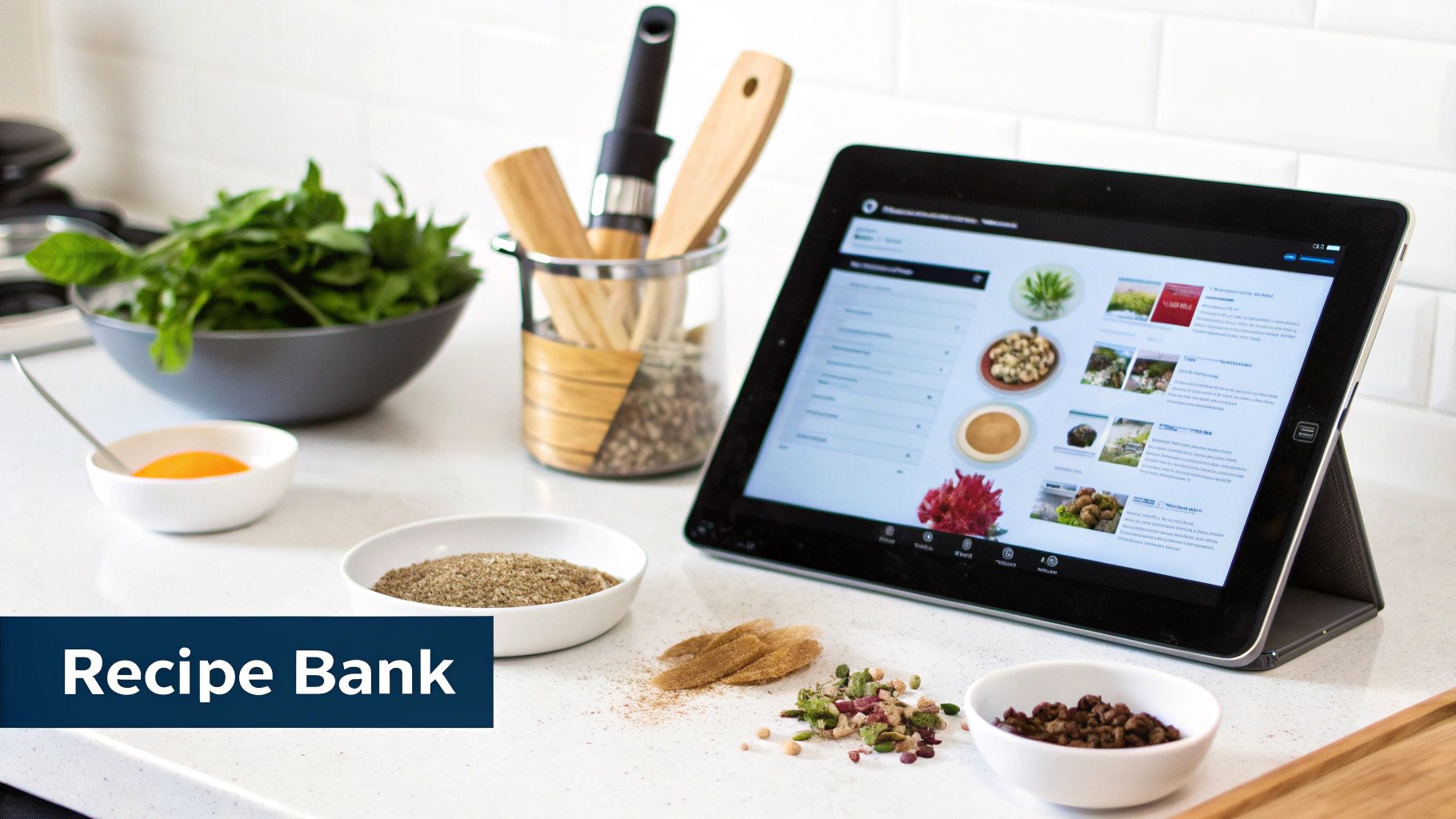 A person adding a recipe to a digital cookbook on a tablet in a bright kitchen.