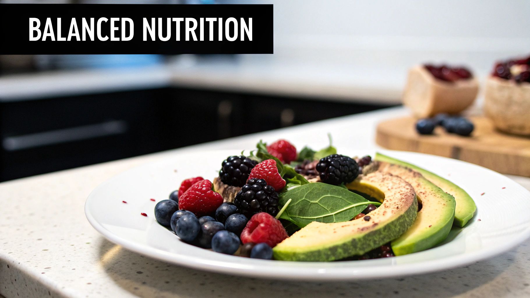 A woman preparing a healthy salad in a bright, clean kitchen, surrounded by fresh vegetables.