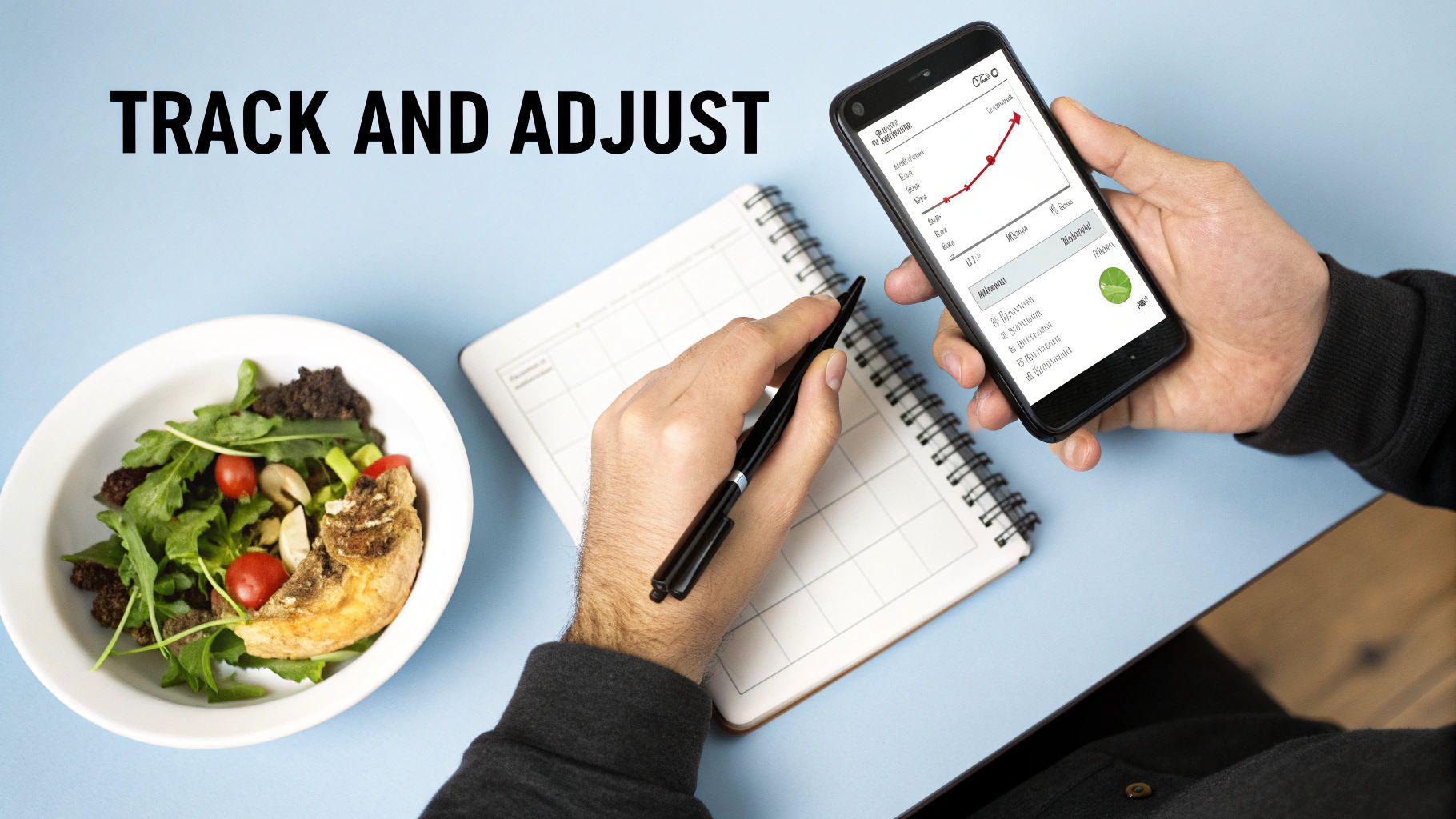 A person using a smartphone to track their meal while a fresh salad and a measuring tape sit on the table beside them.