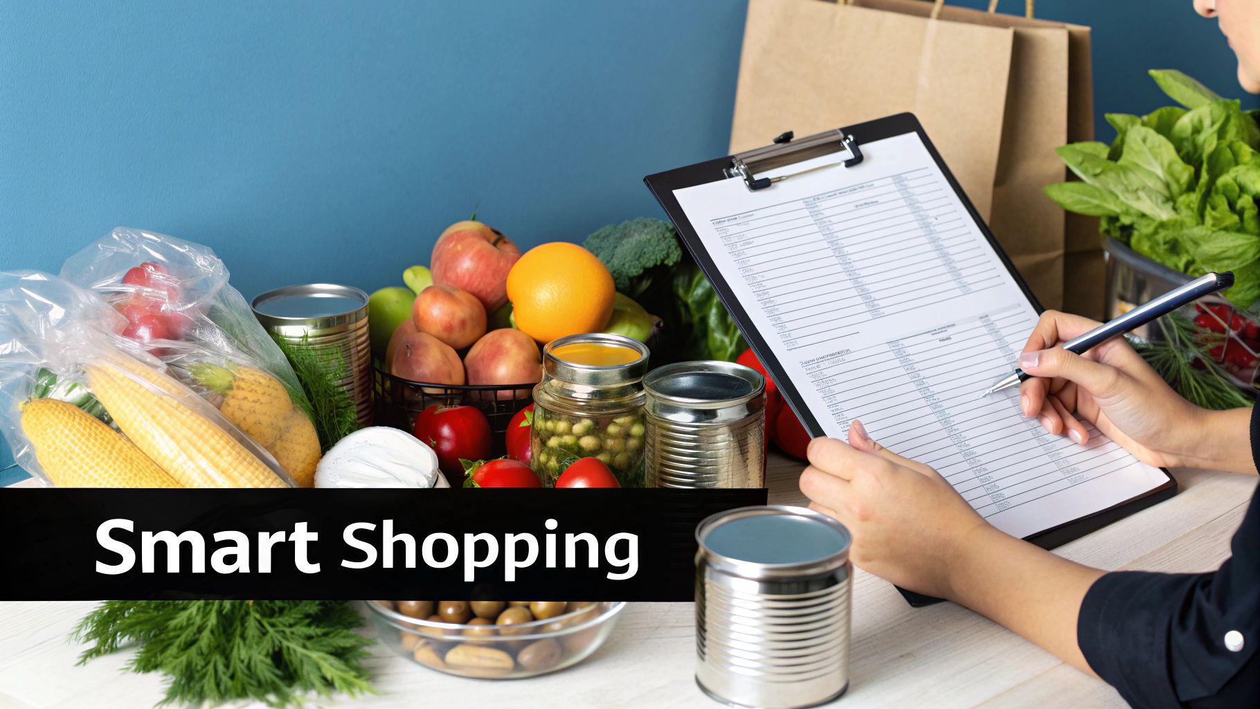 A person holding a smartphone with a digital grocery list, standing in the produce section of a well-lit supermarket.