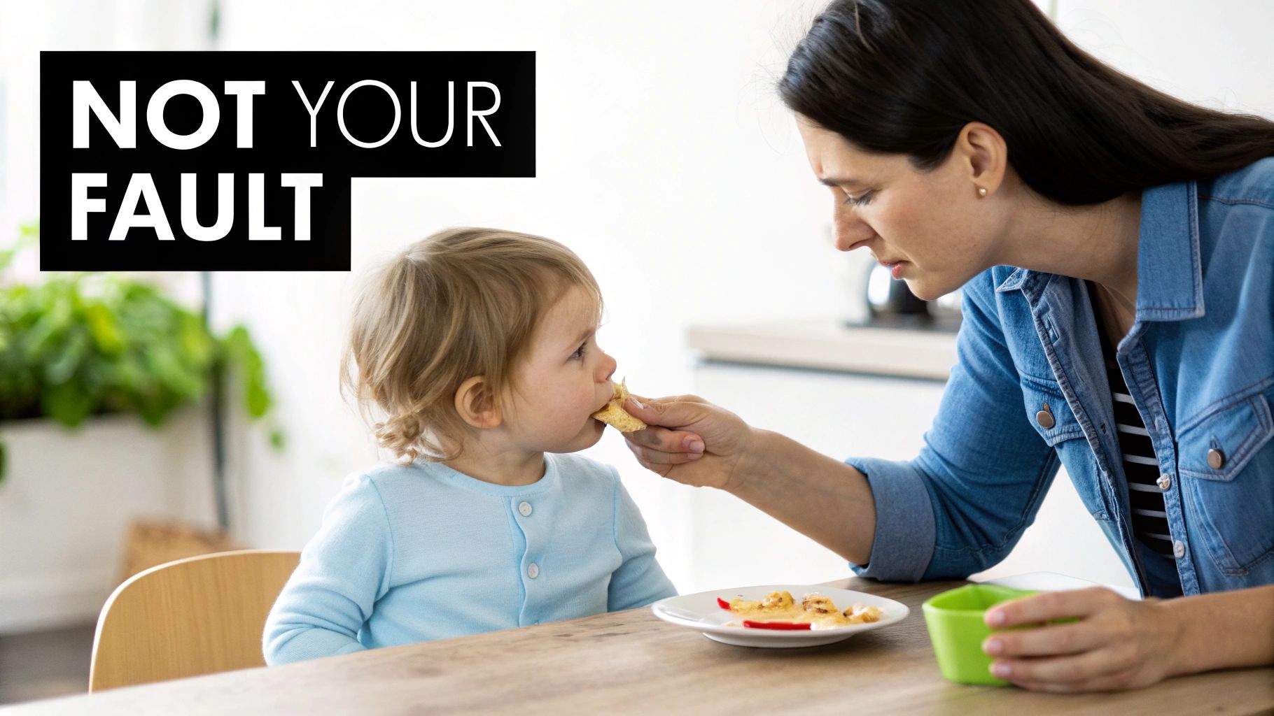 A young child looking skeptically at a plate of vegetables.