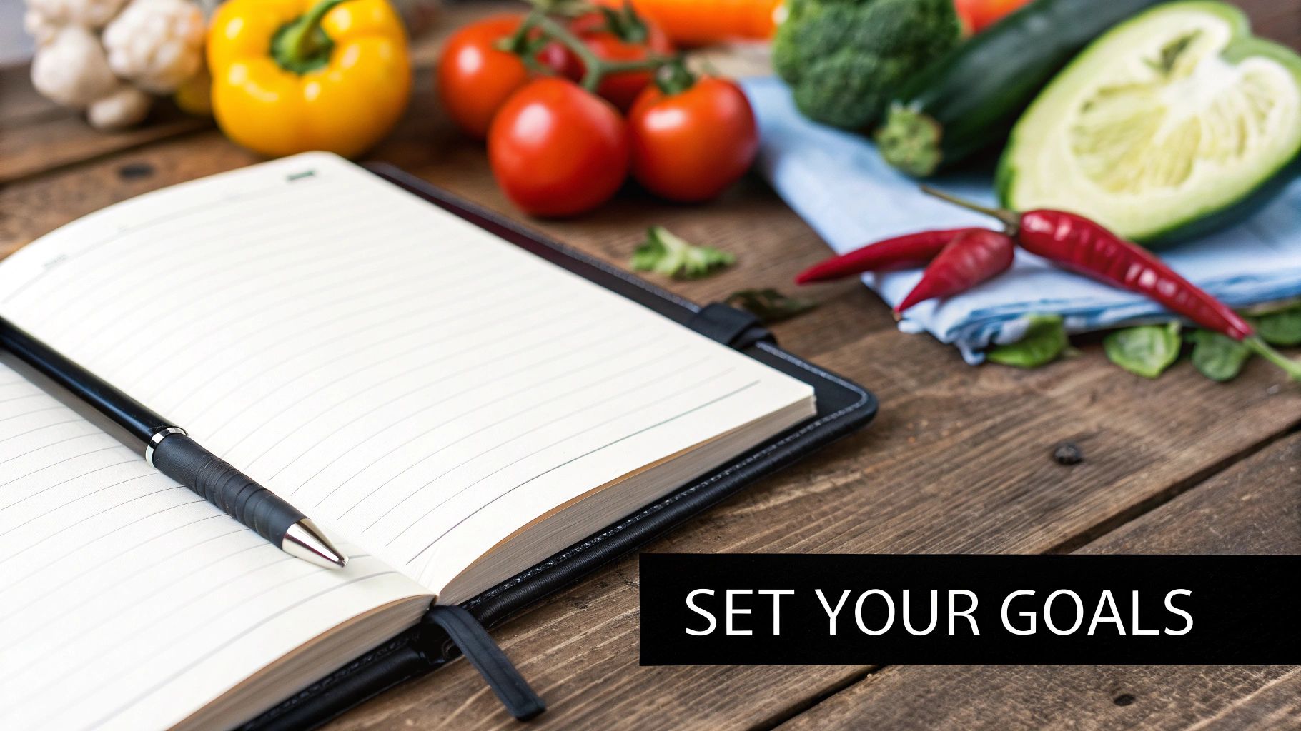 A person writing down their health goals in a journal next to a healthy meal.