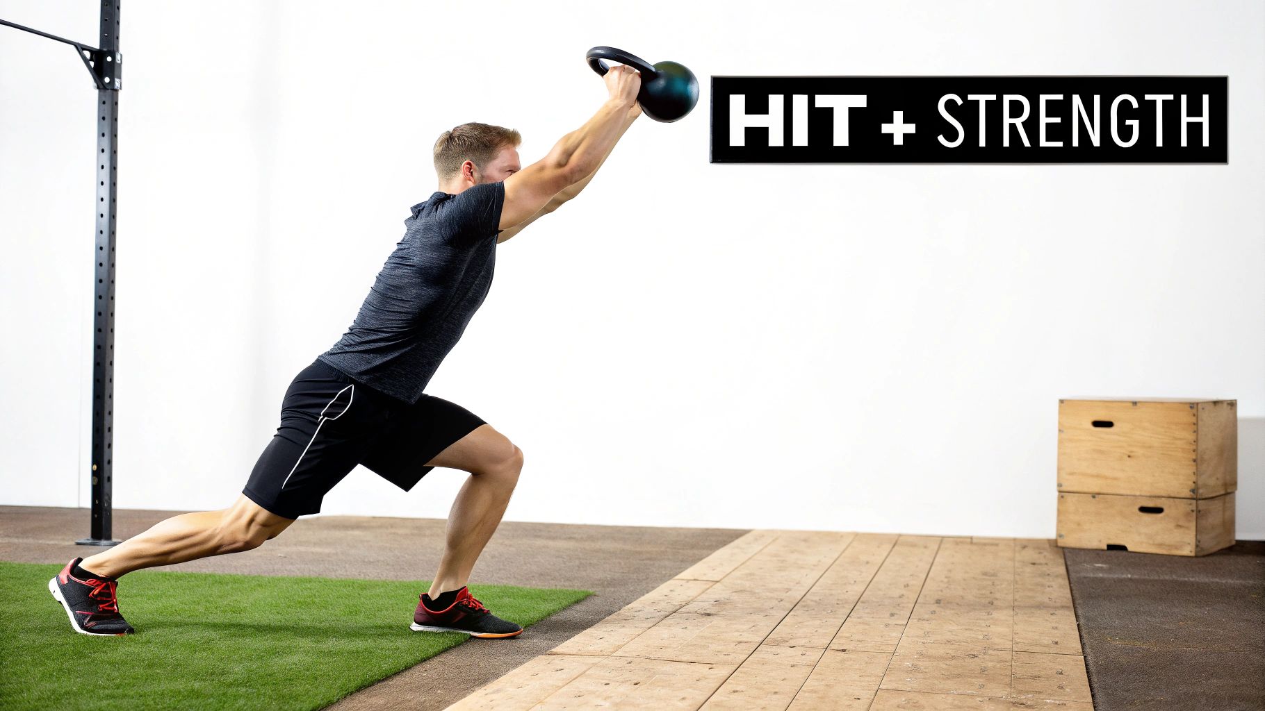 A person performing a kettlebell swing with proper form in a gym setting.