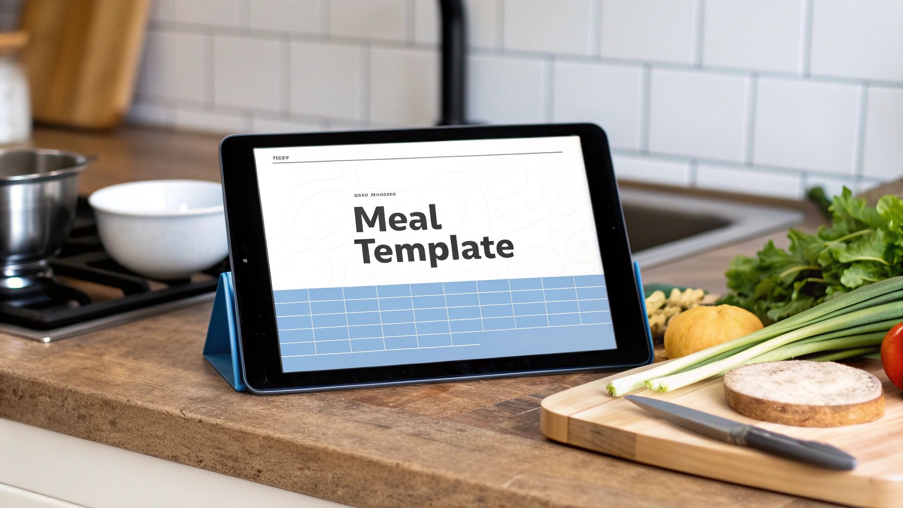 A person looking thoughtfully at a weekly meal planner on a kitchen counter with fresh vegetables nearby.