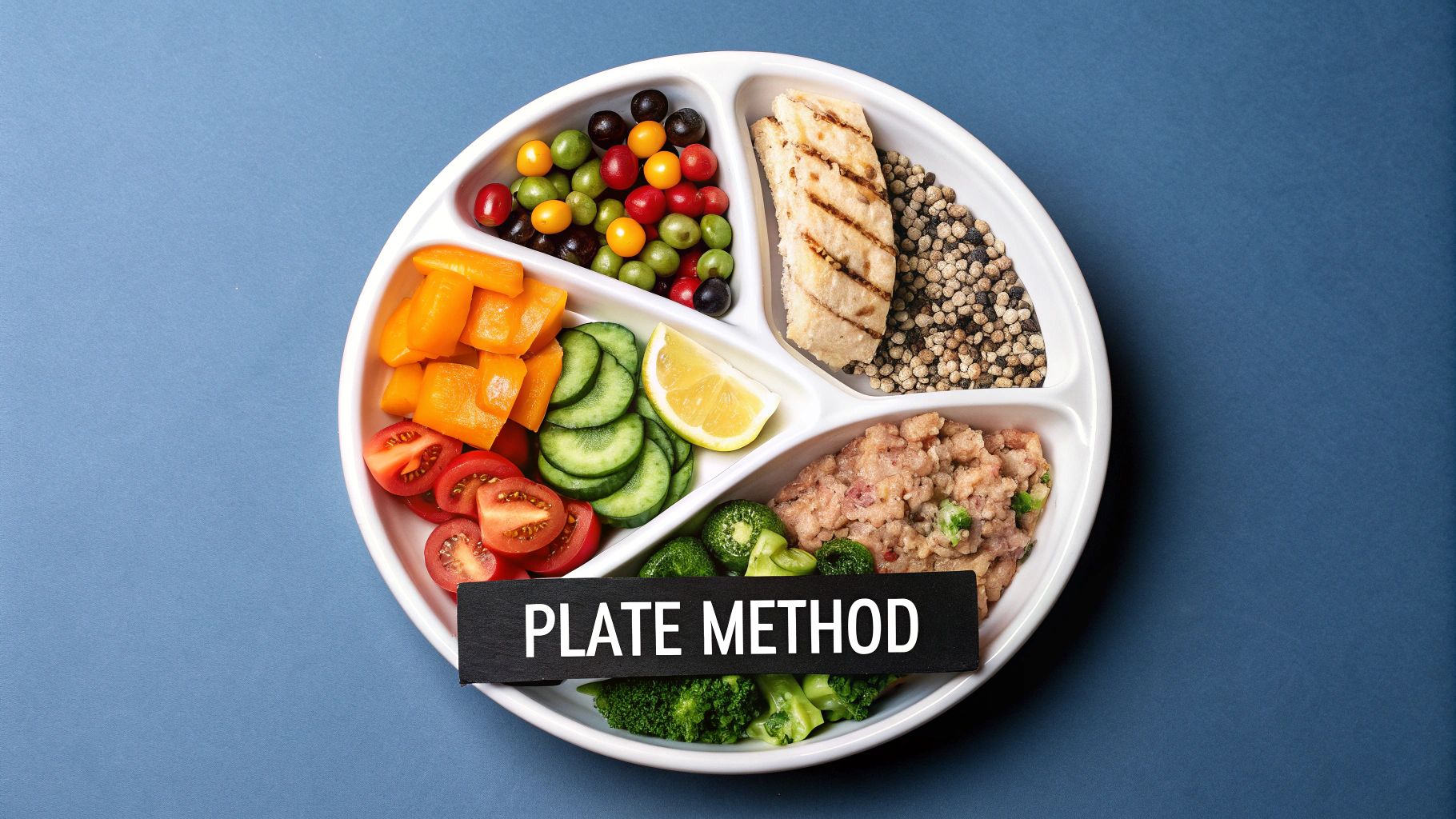 A colorful plate divided according to the Plate Method, showing vegetables, protein, and carbohydrates.