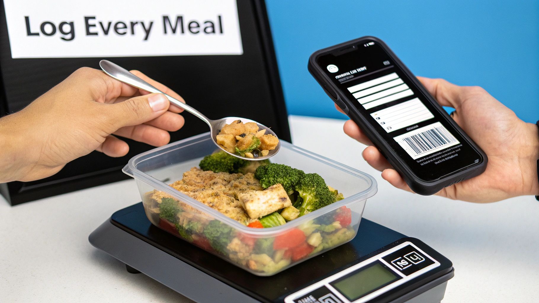 Woman in a kitchen weighing ingredients on a food scale and logging them on her smartphone.