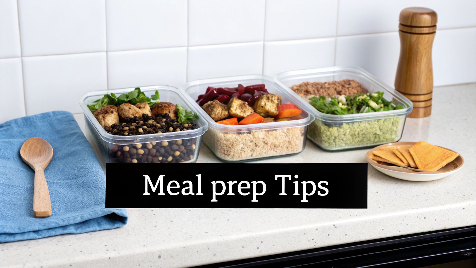 A person meal prepping healthy vegetarian food in containers on a kitchen counter