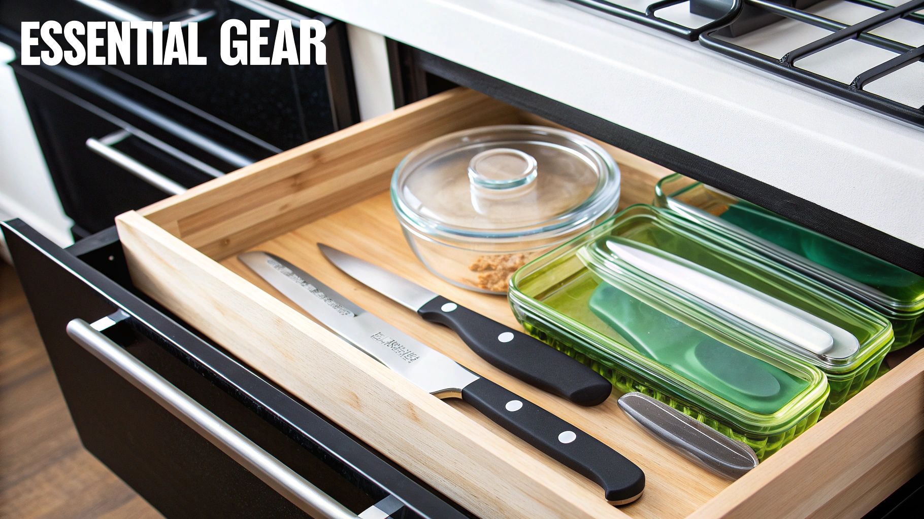 Meal prep gear, including glass containers and fresh vegetables, laid out on a kitchen counter.