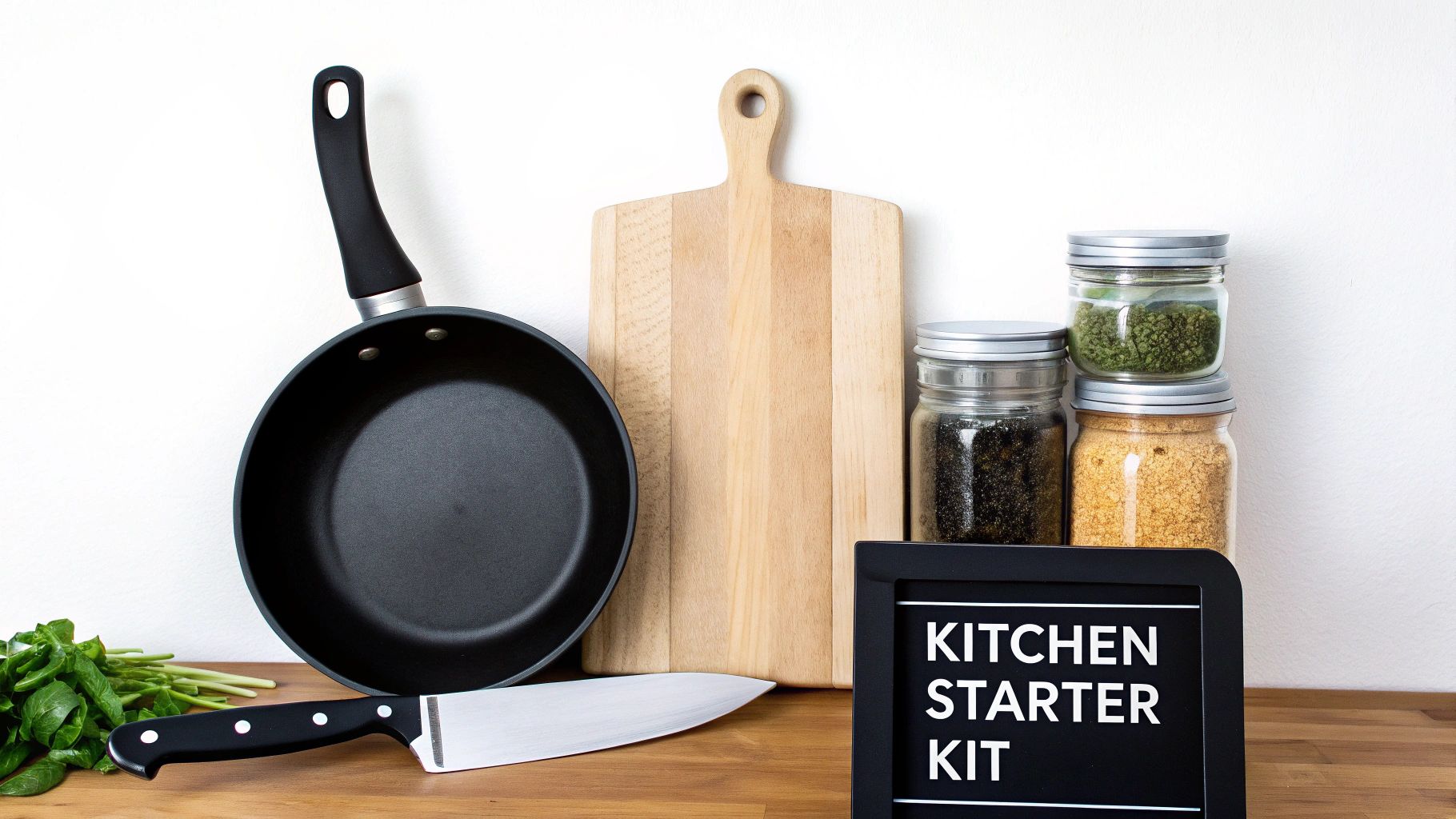 A clean and organized home kitchen with essential cooking tools and fresh ingredients.