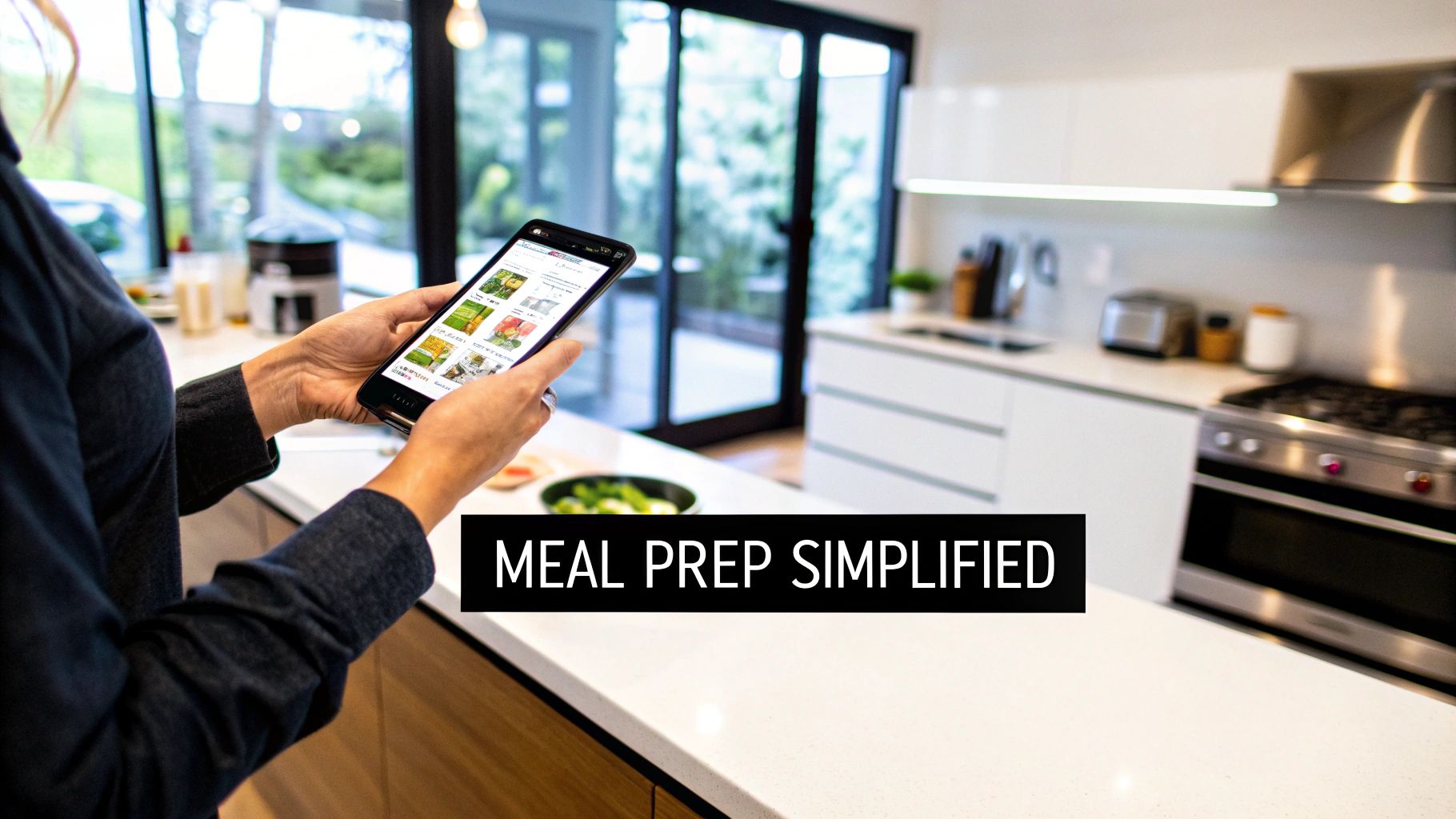 A person using a healthy meal planning app on their smartphone in a modern kitchen with fresh ingredients.