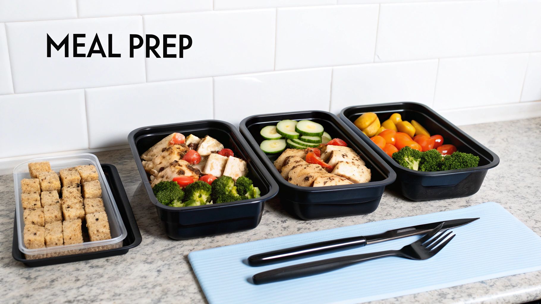 Woman meal prepping in a bright kitchen, portioning out chicken, rice, and broccoli into containers.