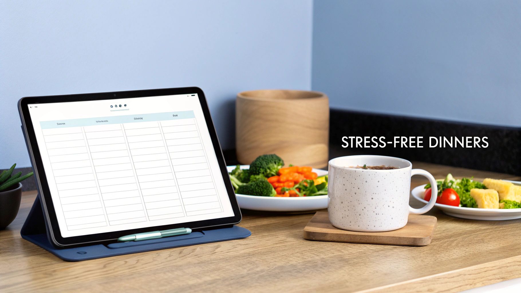 A colorful assortment of fresh vegetables and a notepad, symbolizing the planning of a vegetarian meal week.