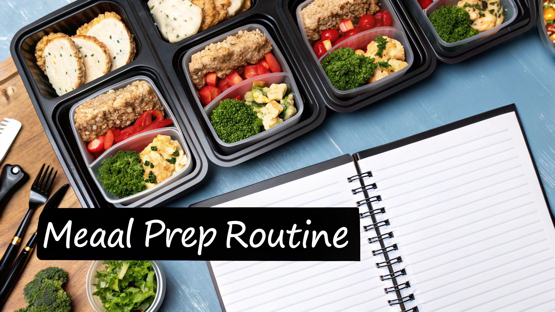 A person organizing prepped meals into containers on a kitchen counter.