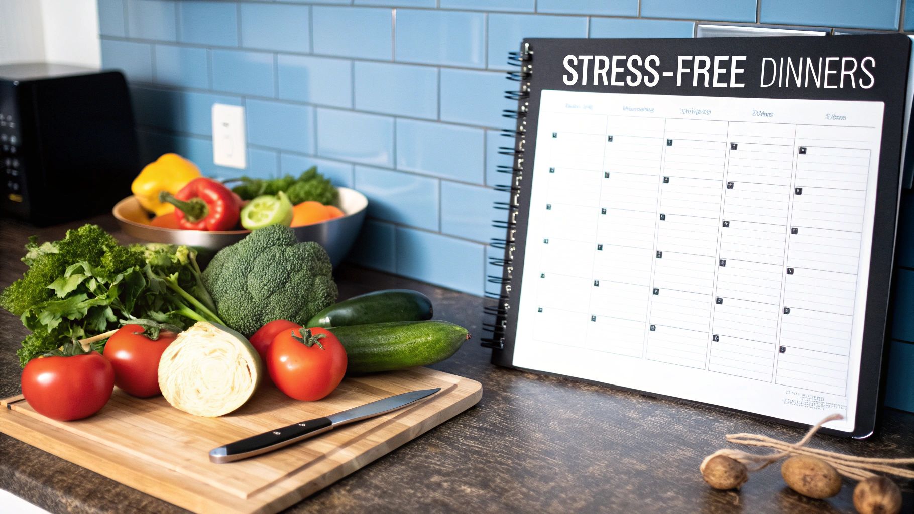 A person writing a weekly meal plan in a notebook with fresh vegetables on the table.
