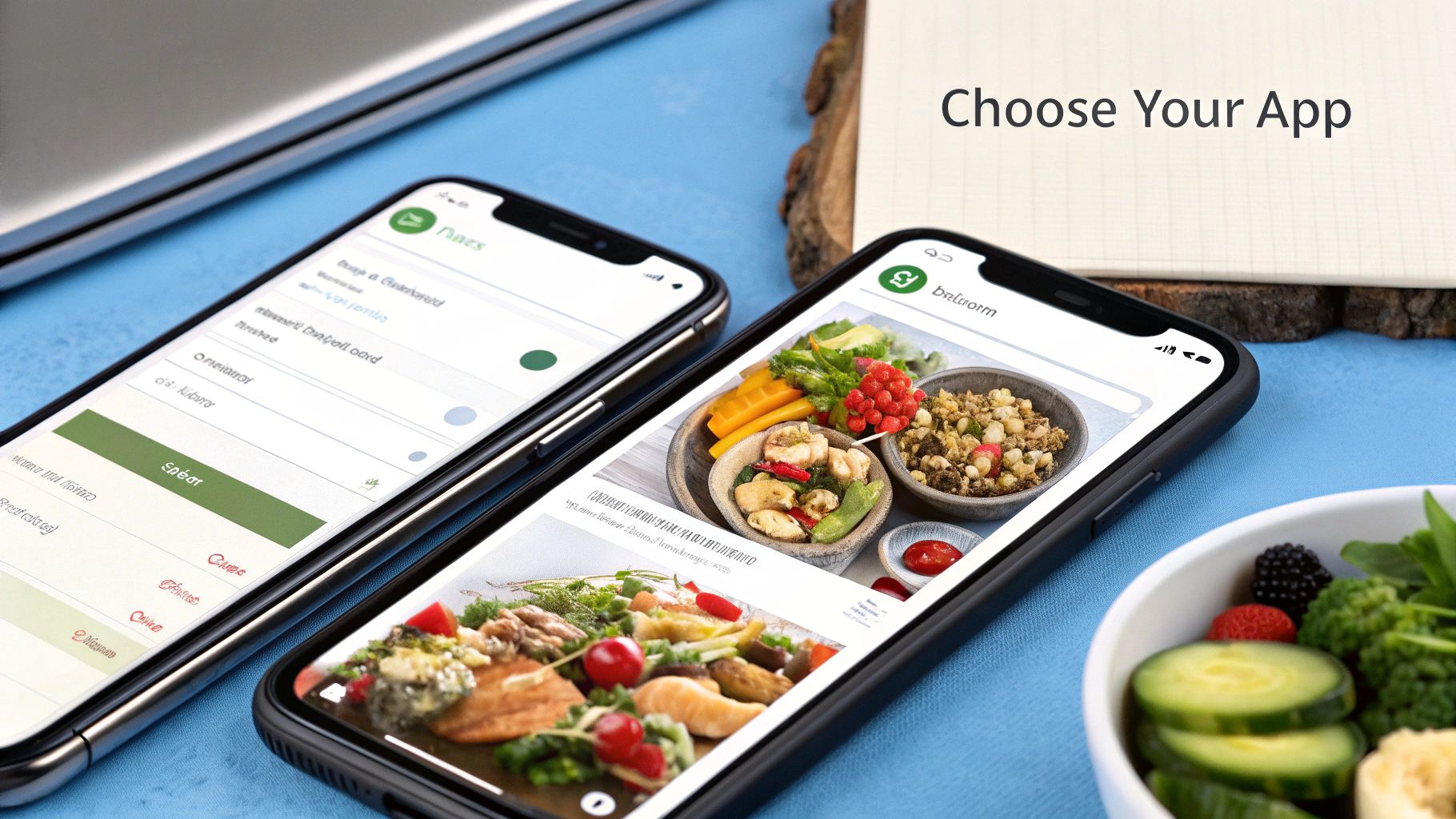 Three different smartphones displaying macro tracking app interfaces on a clean background
