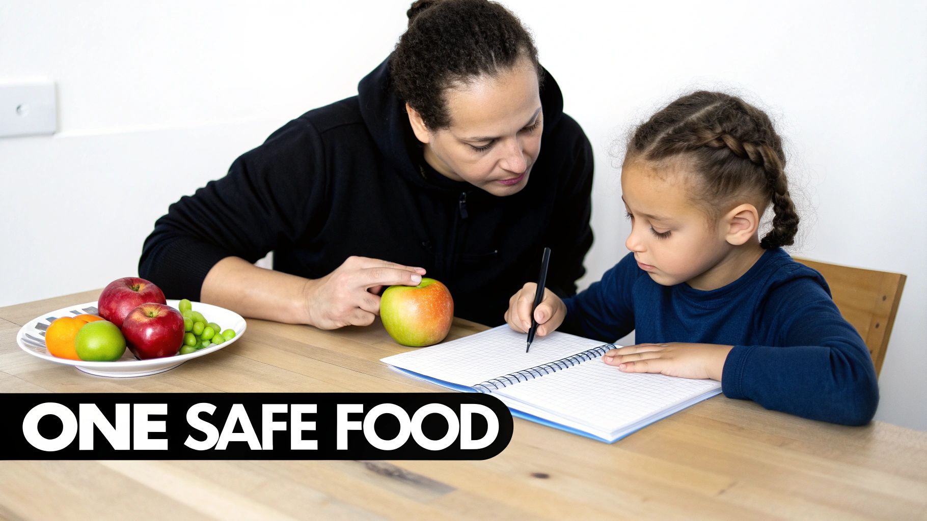 A parent and child looking at a cookbook together, pointing at a recipe.