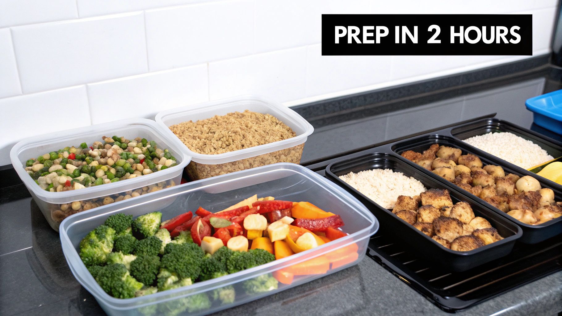 A kitchen counter with various containers filled with prepped vegetarian ingredients like chopped vegetables, cooked quinoa, and a jar of dressing.