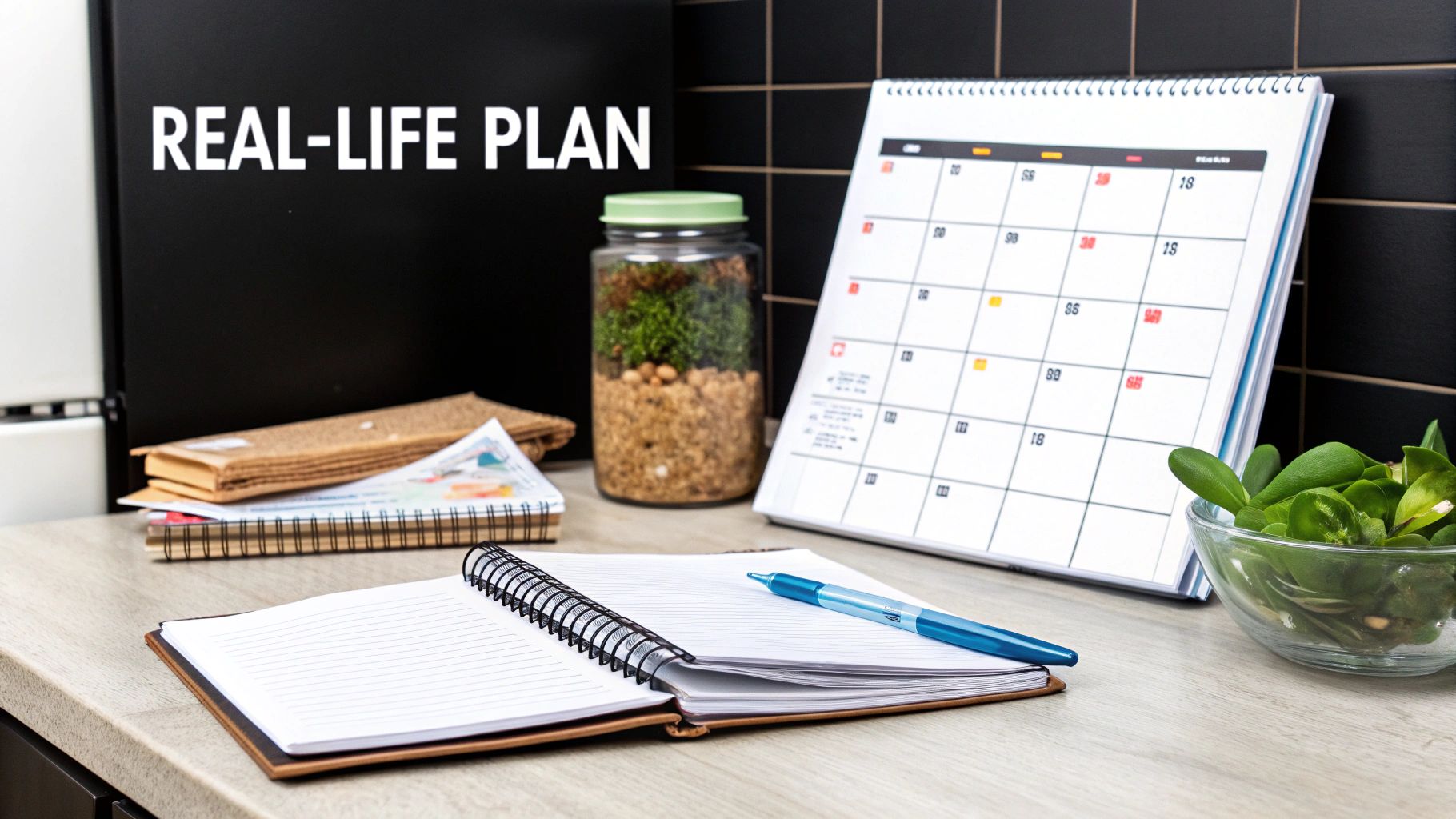 A person writing down meal ideas in a planner surrounded by fresh vegetables on a kitchen counter.