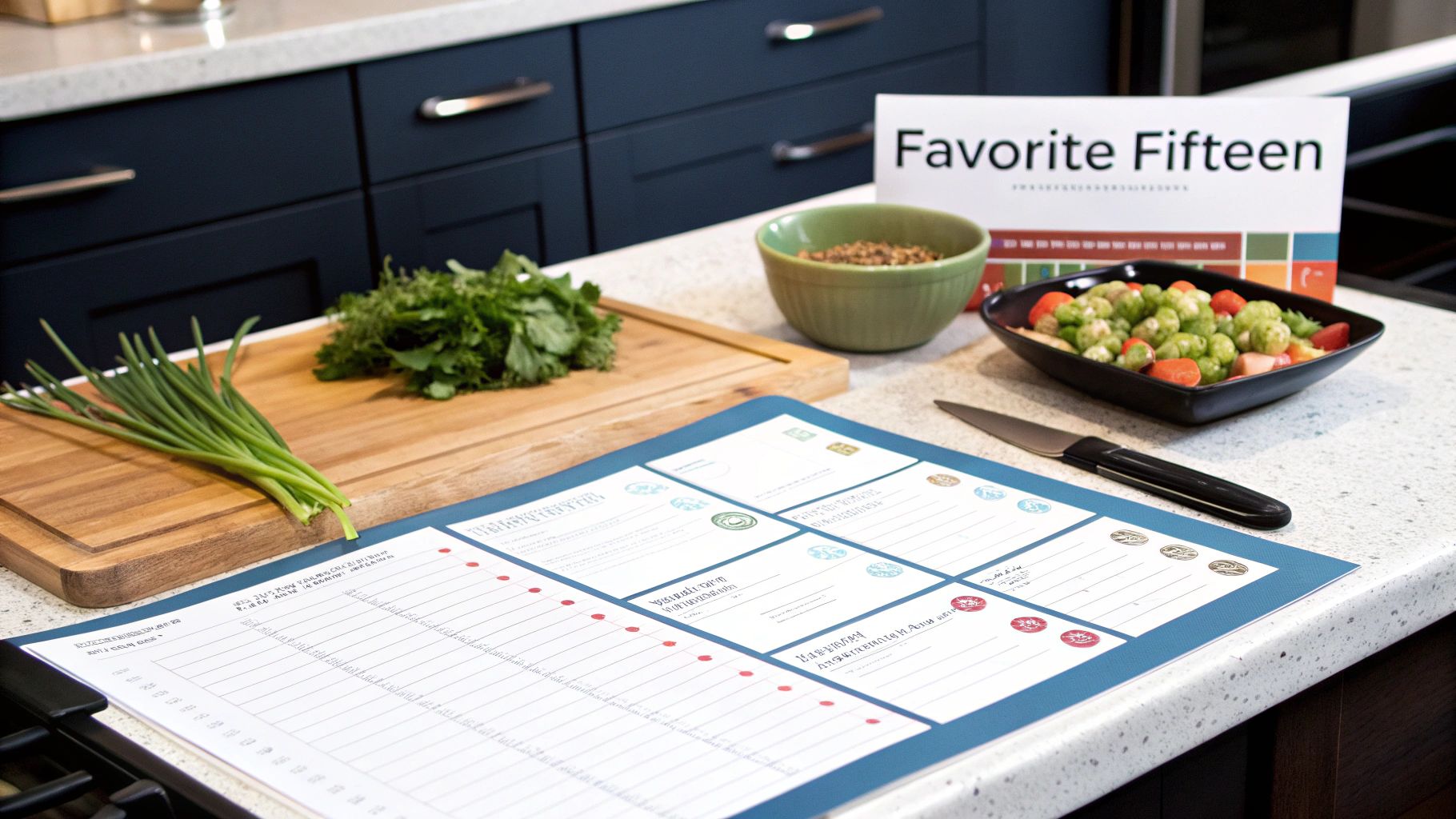 A person writing a meal plan on a clipboard with fresh vegetables in the background.