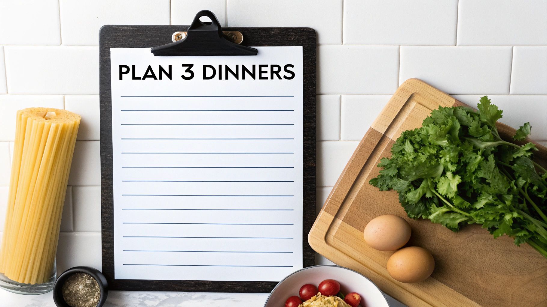 A person writing a weekly meal plan on a clipboard with fresh vegetables in the background.