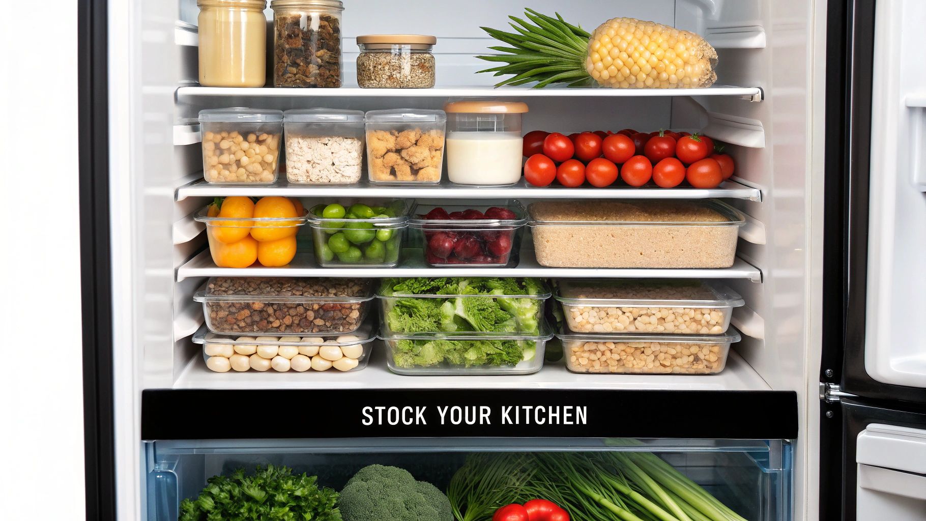 A person unpacking a grocery bag filled with fresh vegetables, lean proteins, and whole grains onto a kitchen counter.