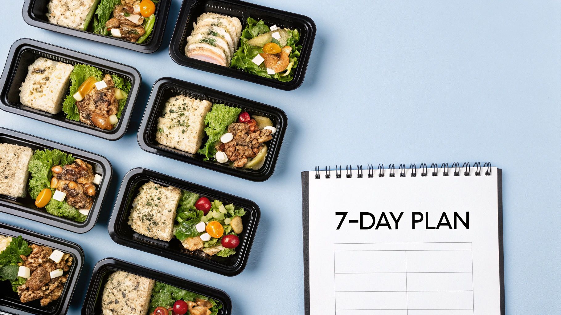 A table laden with various healthy bulking foods like chicken, sweet potatoes, and avocados, ready for meal prep.