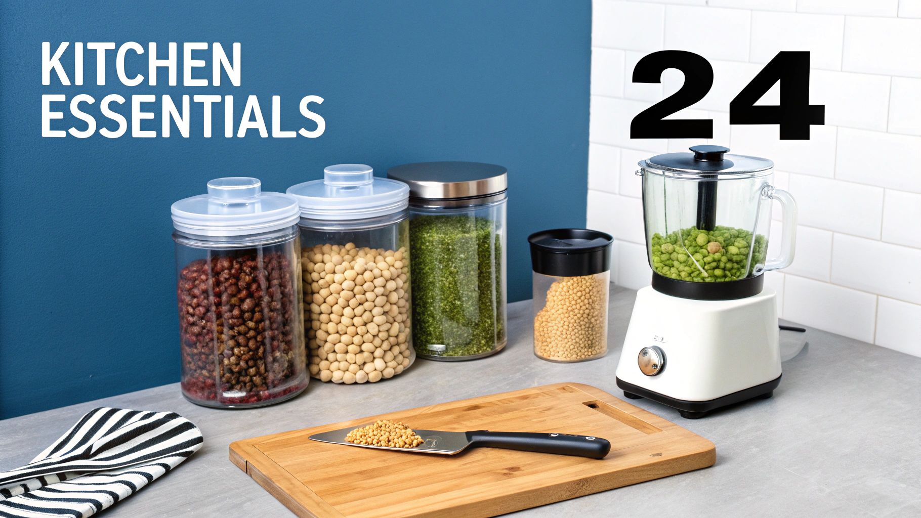 A well-organized vegetarian pantry with jars of lentils, beans, grains, and spices, along with fresh vegetables on the counter.