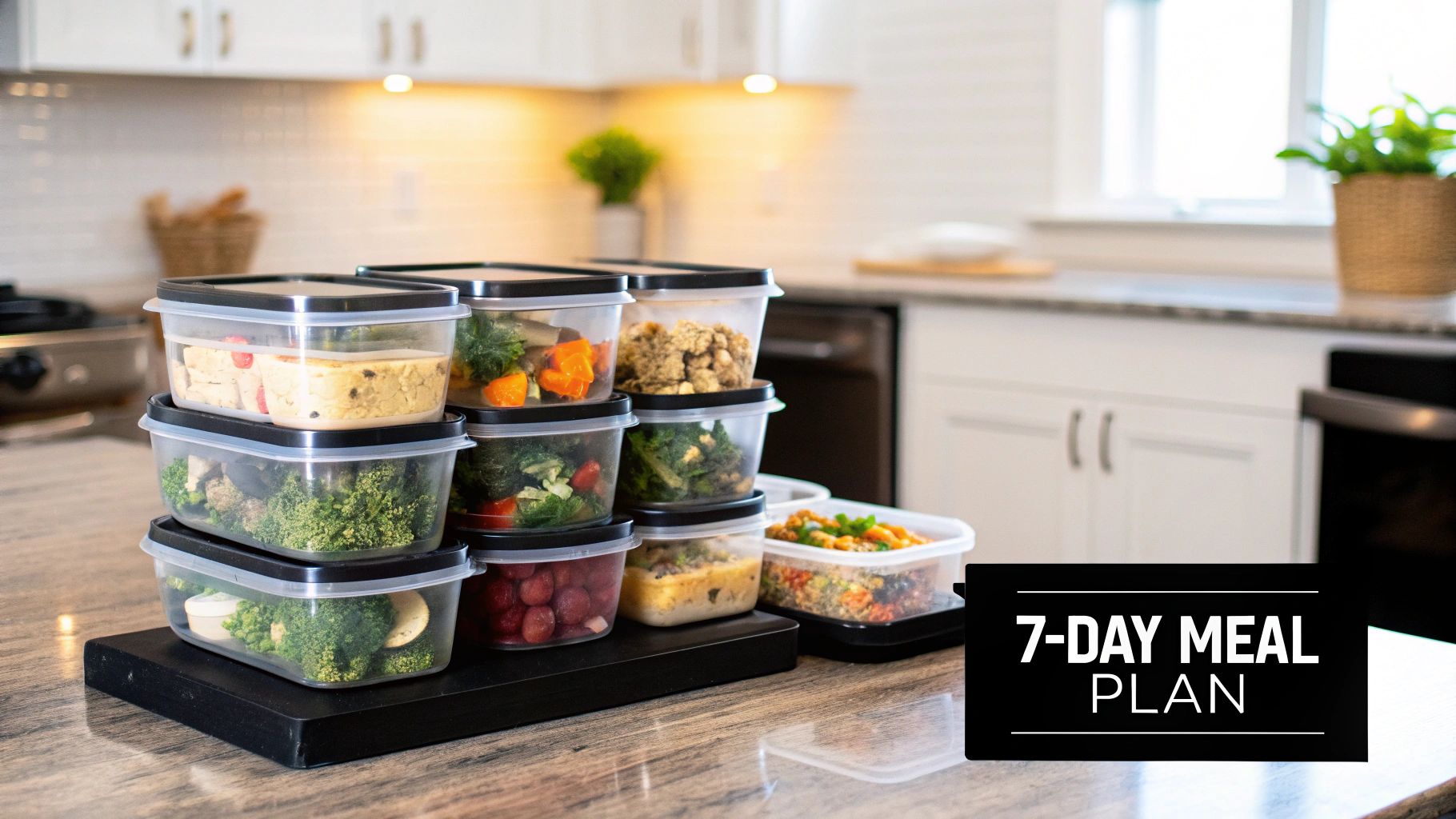 A 7-day cutting meal plan laid out with various healthy meals in containers.