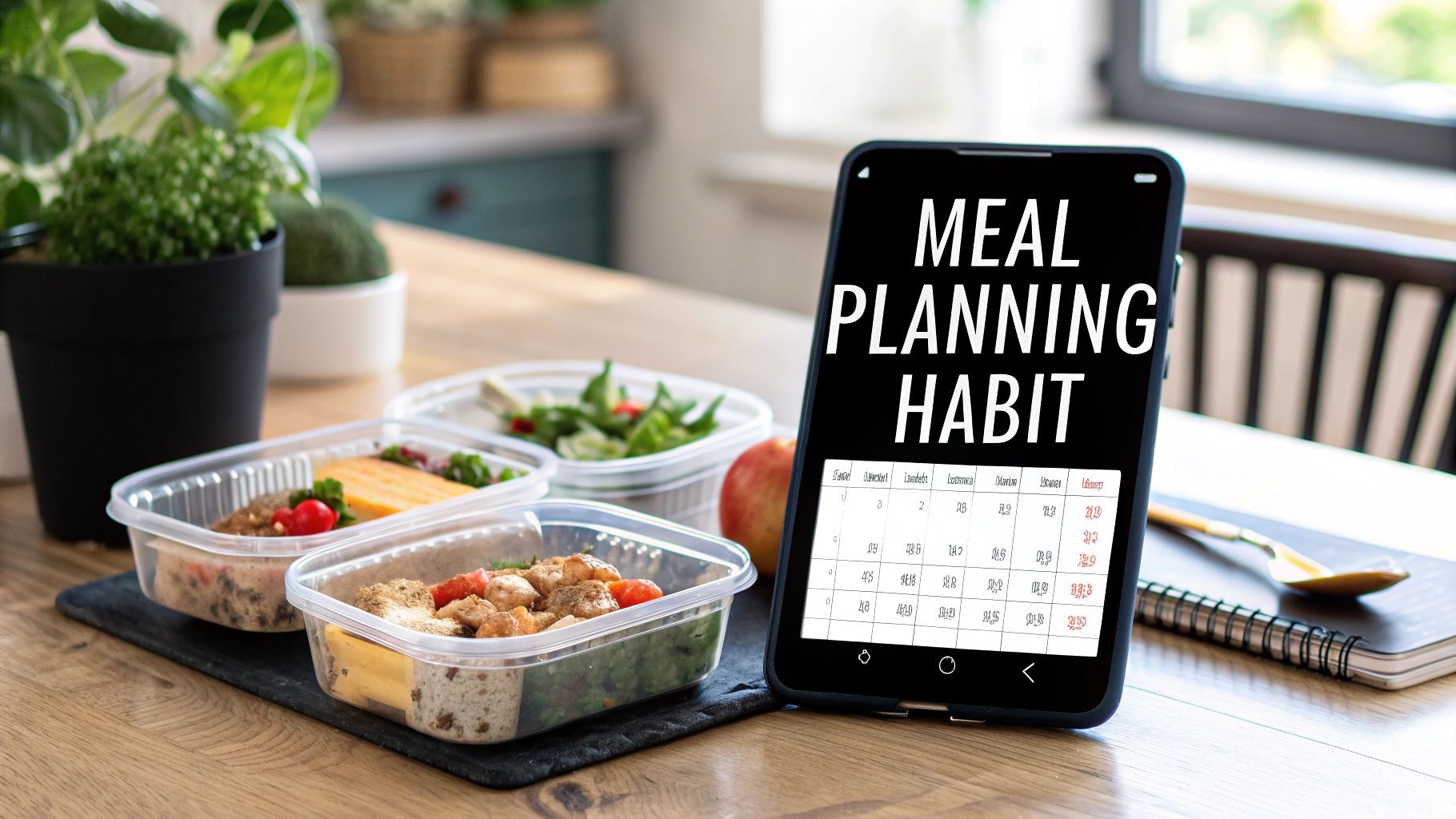 A person smiling as they use a healthy meal planning app, with a calendar and fresh groceries visible in the background.
