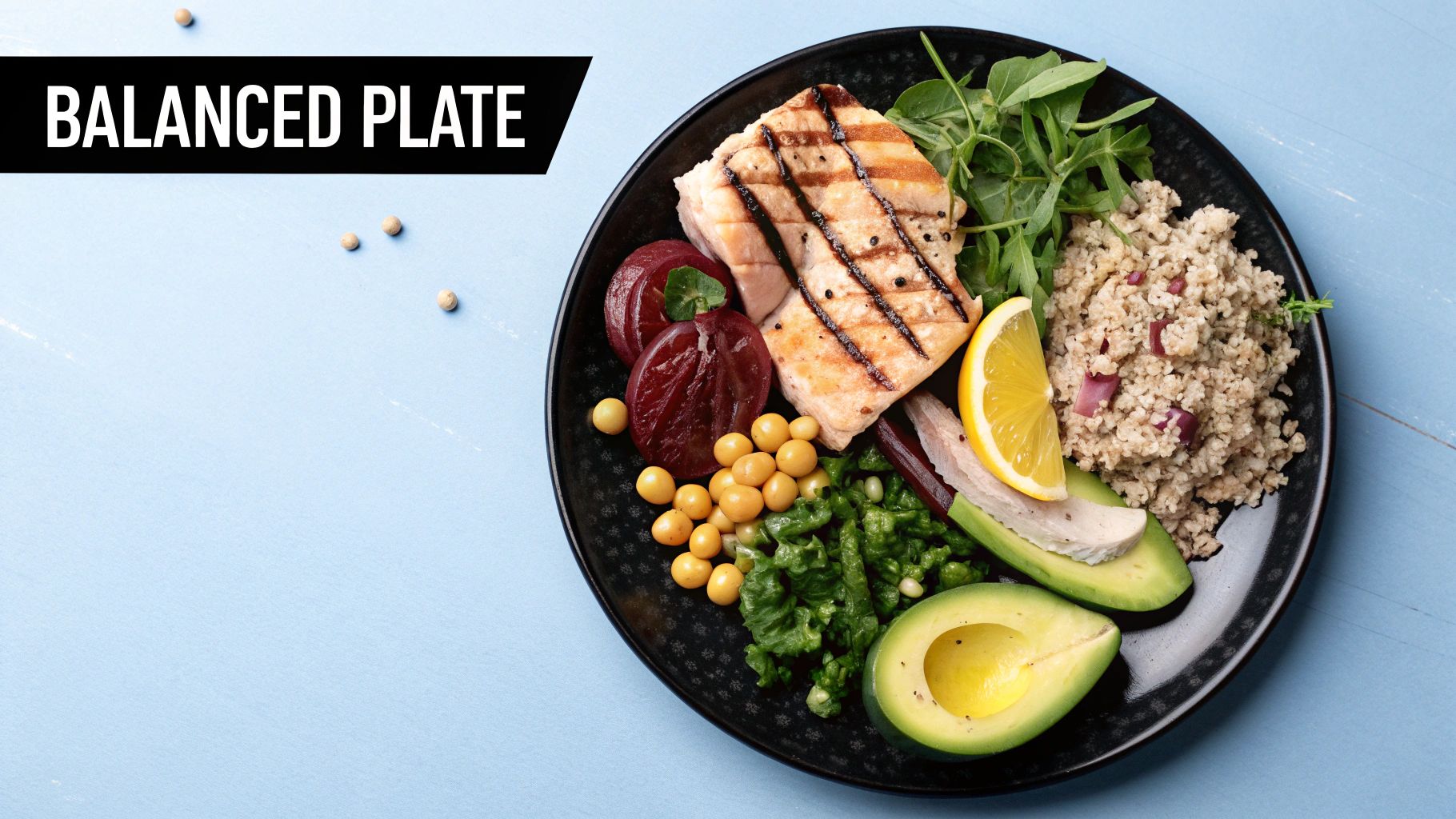 A well-balanced plate of food with chicken, vegetables, and grains.