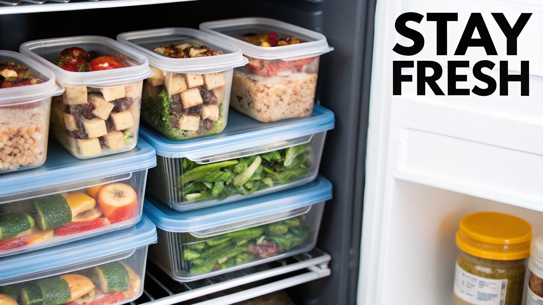 Assortment of fresh meal prep containers being stored in a refrigerator.