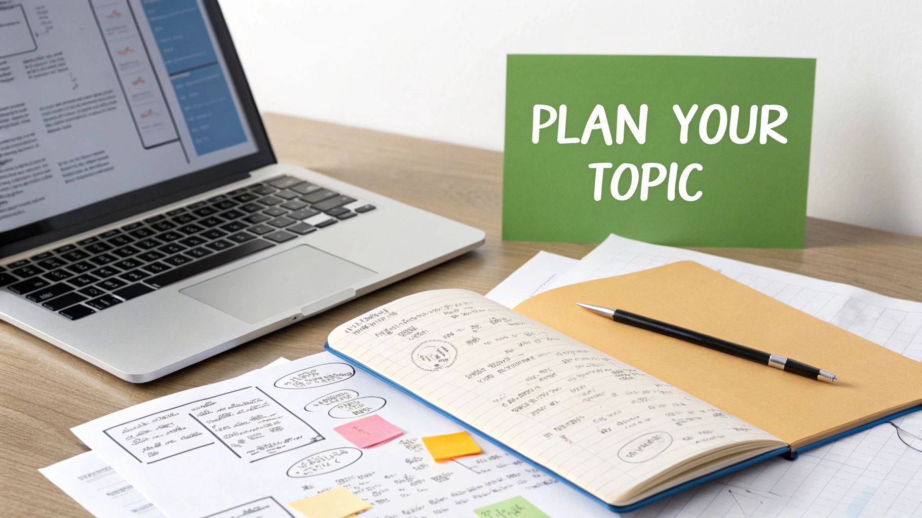 Workspace with a laptop, open notebooks, a pen, and a 'PLAN YOUR TOPIC' sign.