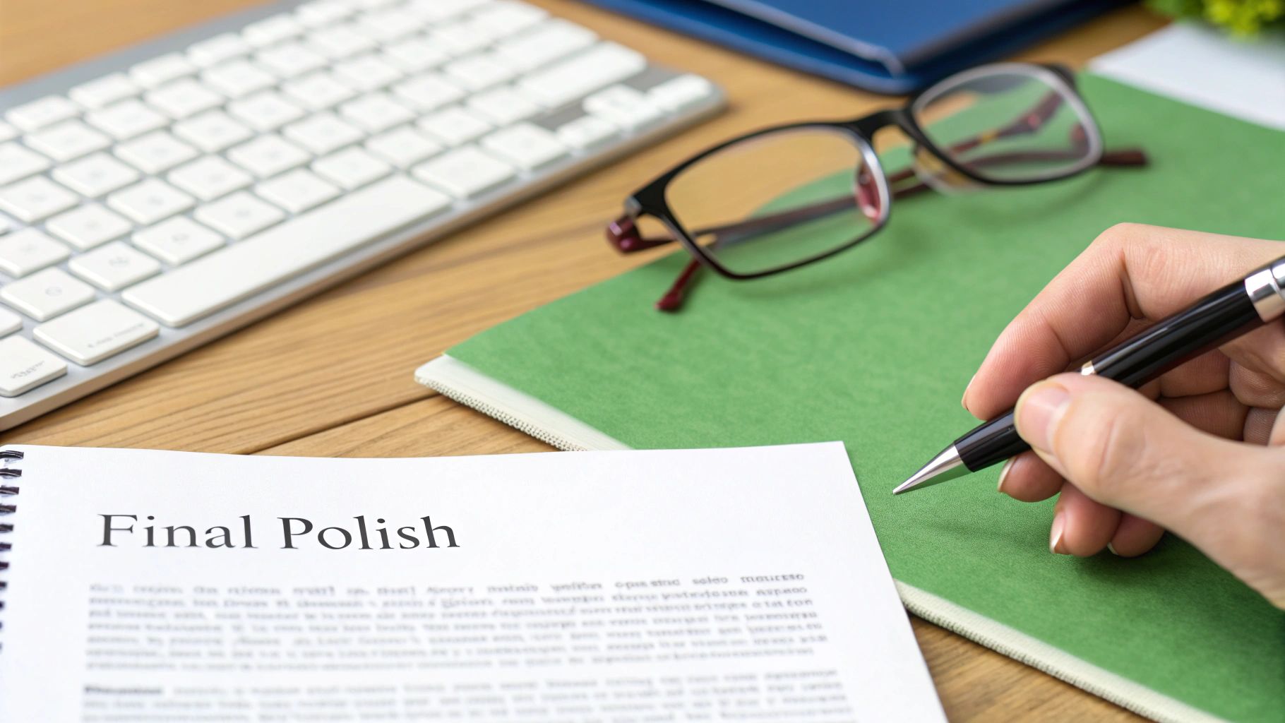 A person's hands carefully proofreading a cover letter on a laptop, with a red pen and notes nearby.