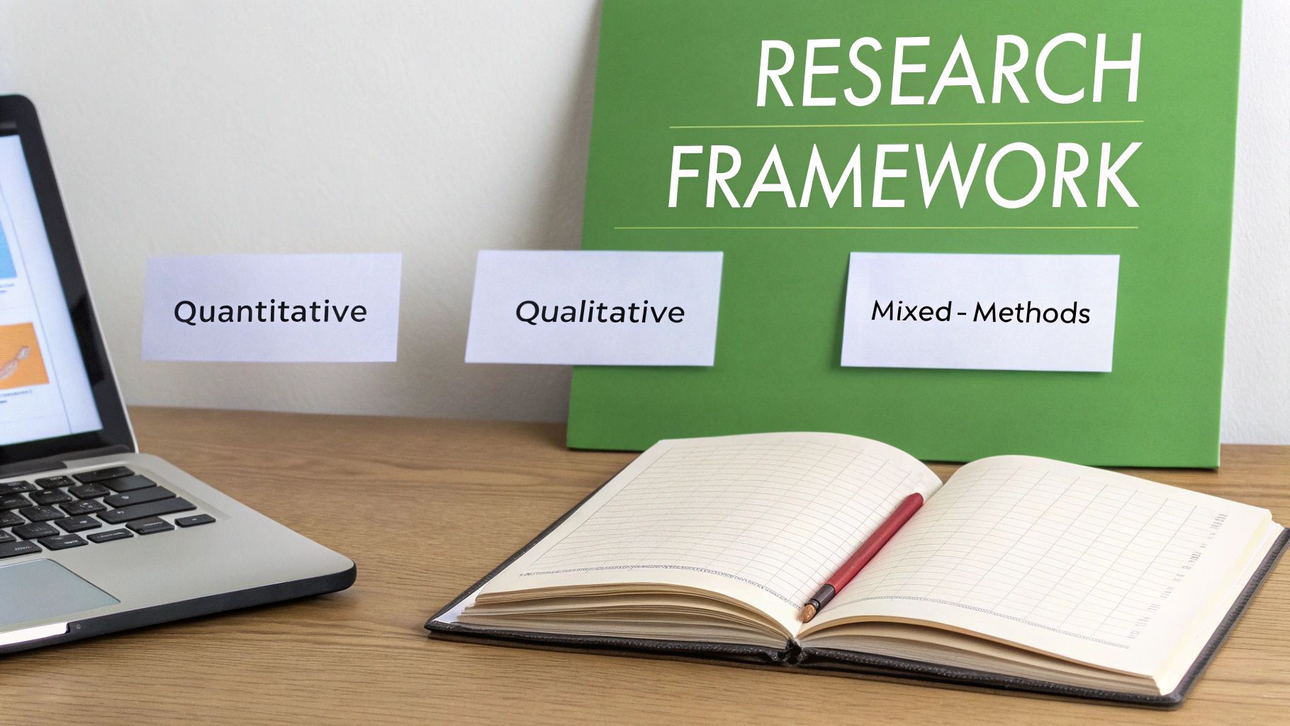 A green board shows 'RESEARCH FRAMEWORK' with notes for Quantitative, Qualitative, and Mixed-Methods research, alongside a laptop and notebook.