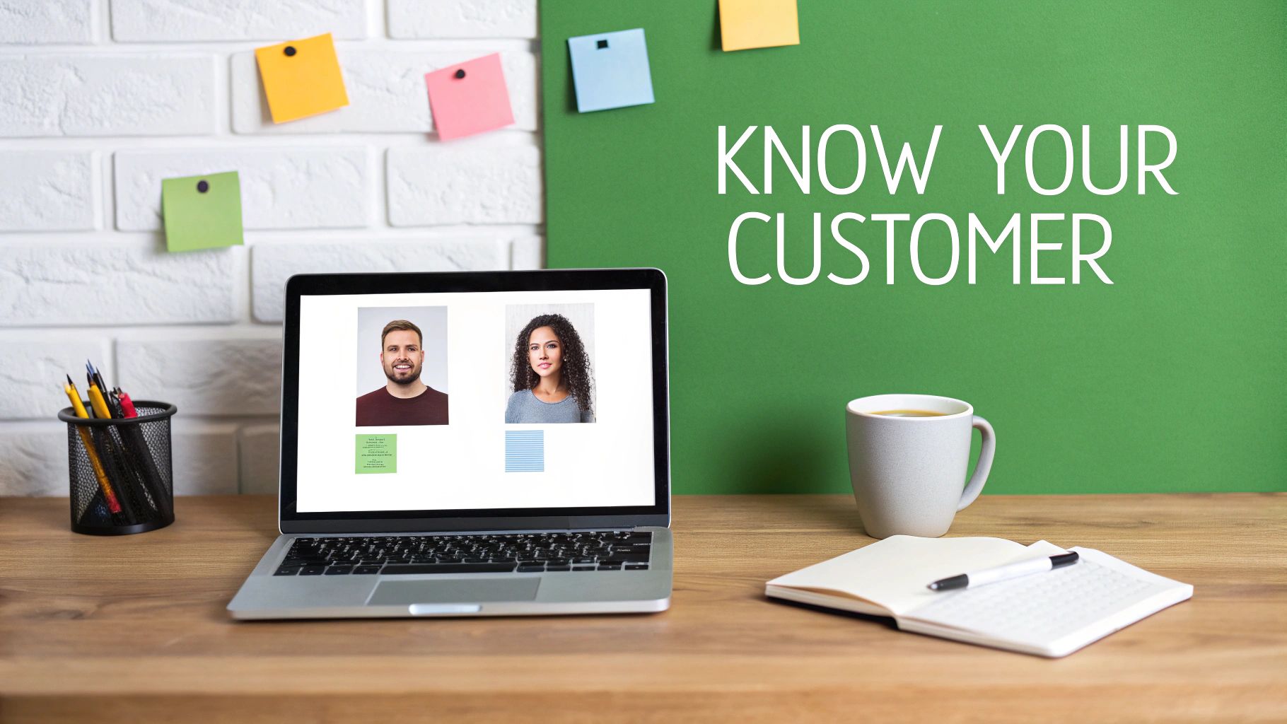 A laptop displays customer profiles with "Know Your Customer" on a green board, alongside desk accessories.
