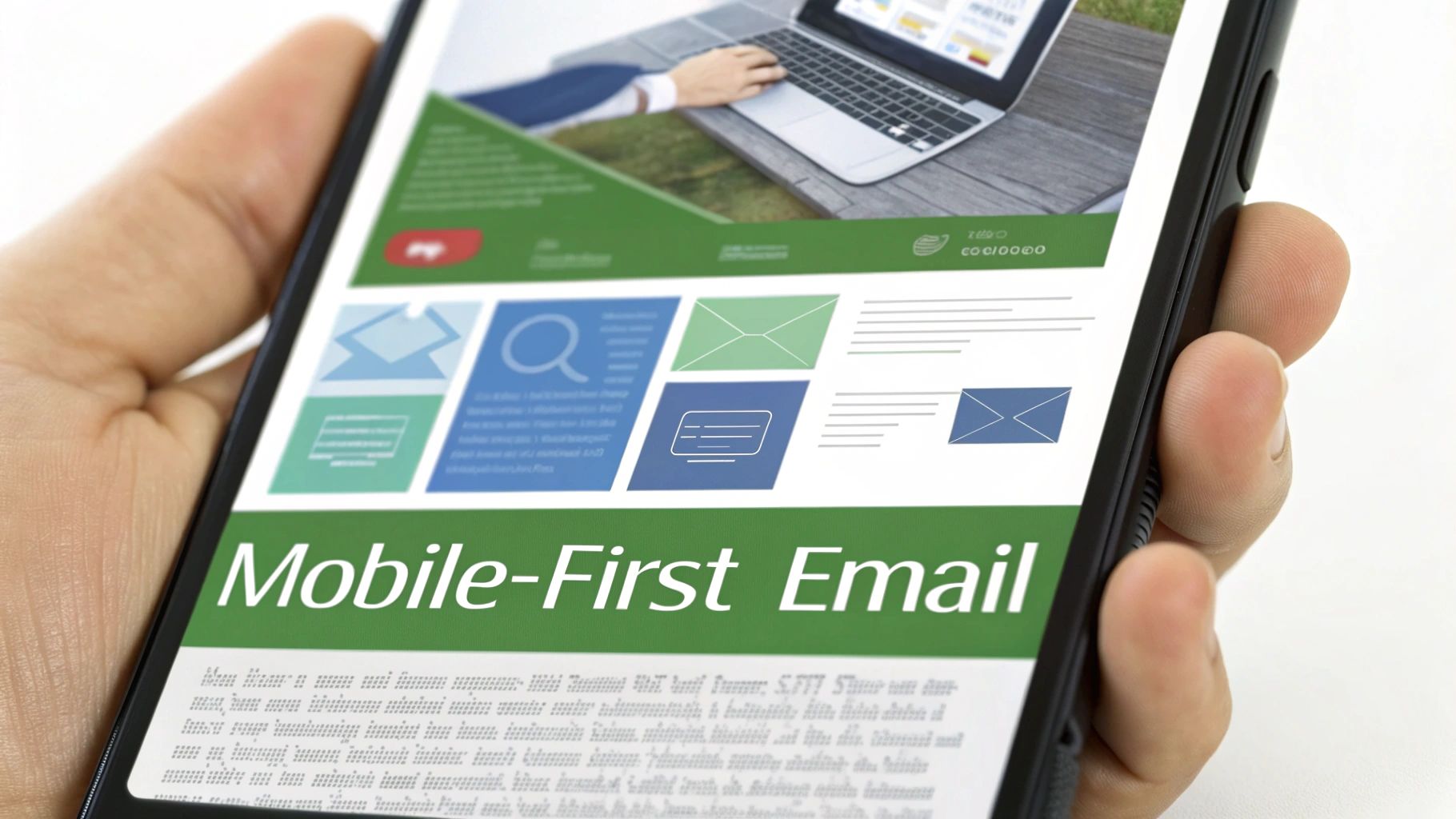 Close-up of a hand holding a smartphone displaying a 'Mobile-First Email' webpage.