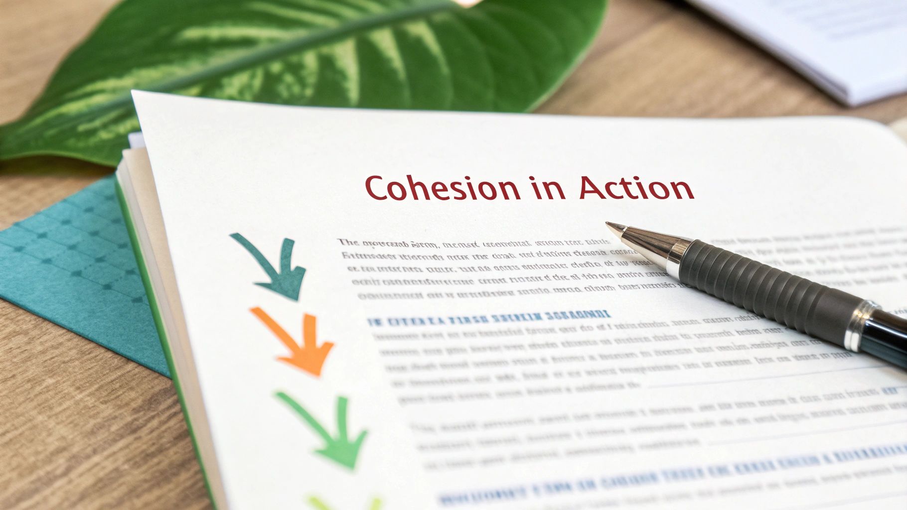 Cohesion in Action document with colorful arrows and pen on wooden desk with notebook