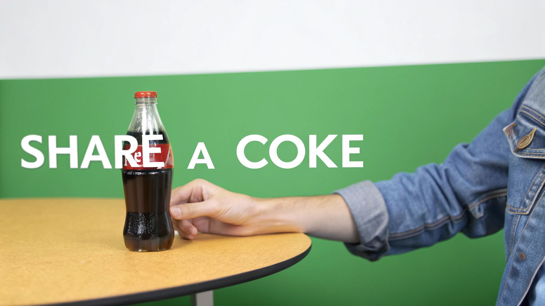 A person's hand reaches for a Coca-Cola bottle on a table, with 'SHARE A COKE' text and a green background.