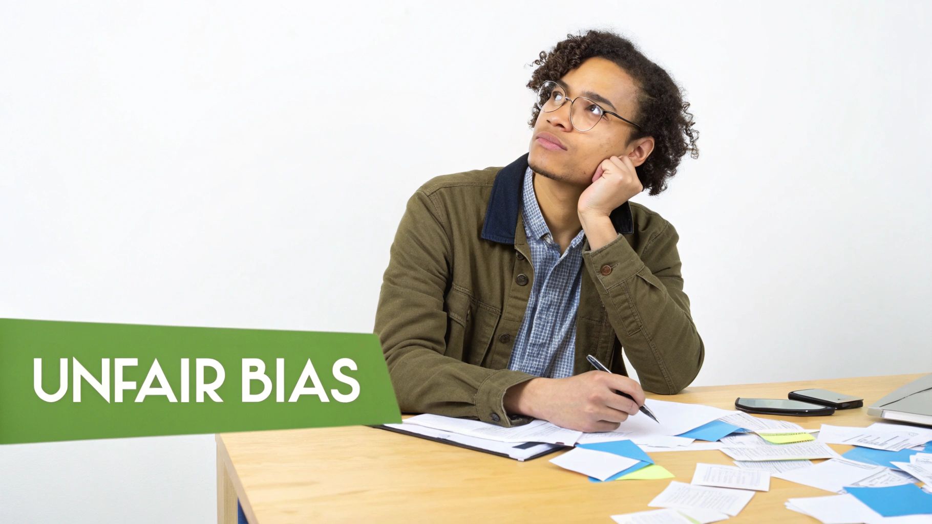 A person writing at a desk, looking concerned while reviewing a document on a laptop screen, symbolizing the stress of unfair AI detection flags.