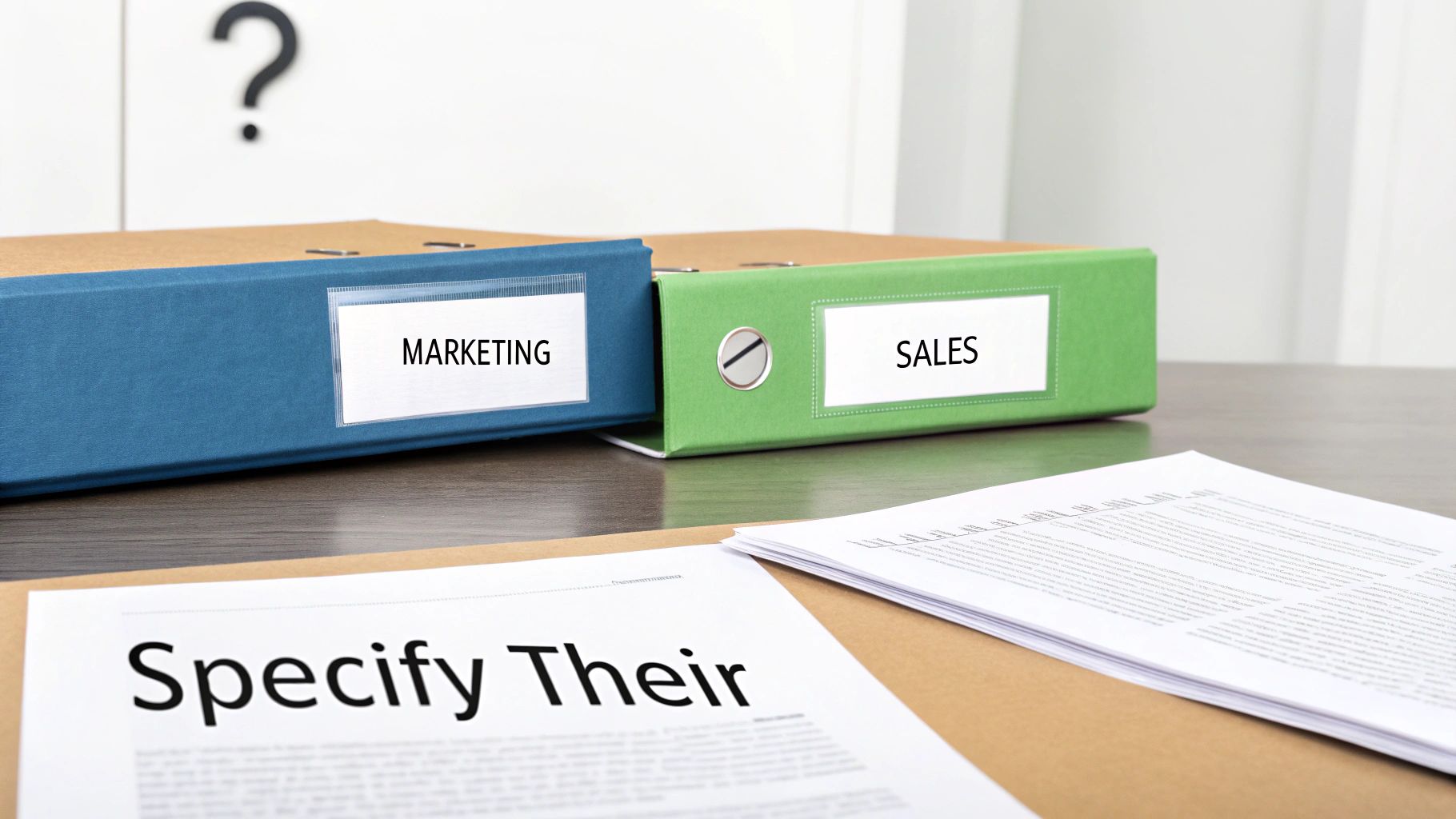 Blue 'MARKETING' and green 'SALES' binders on a desk with documents and a question mark.
