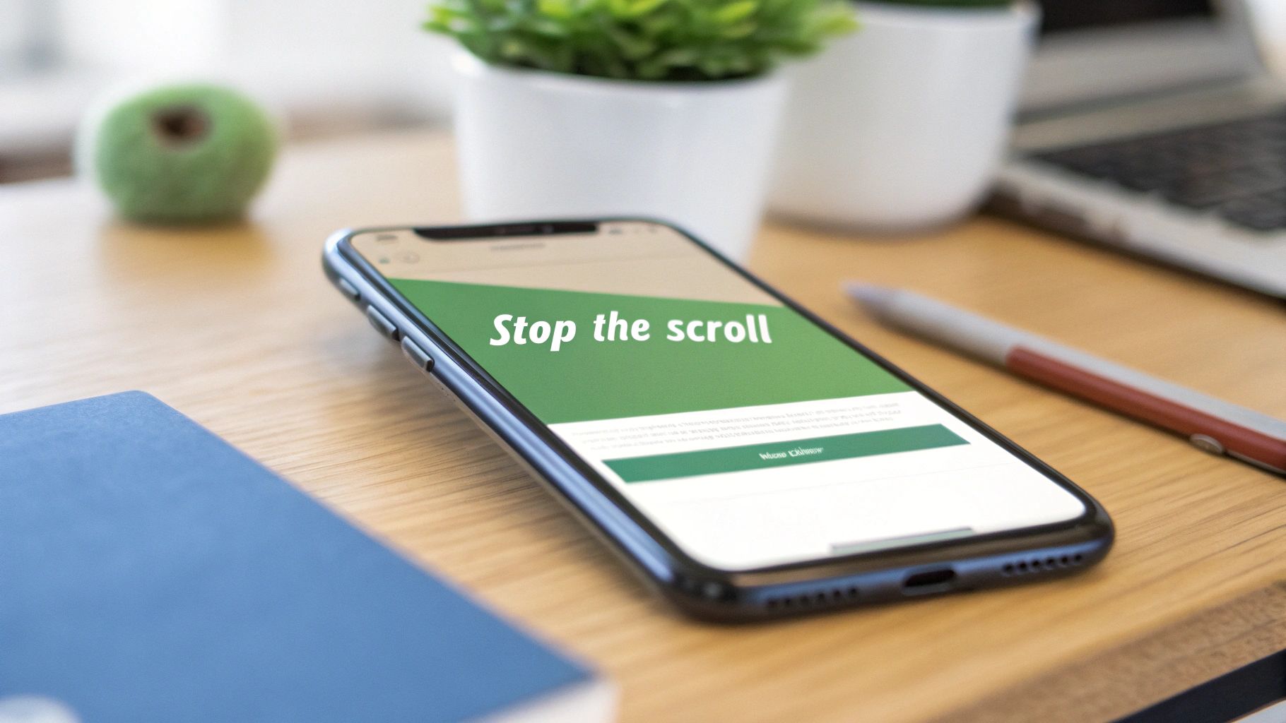 A person writing ad copy on a laptop, with headline ideas on sticky notes around the screen