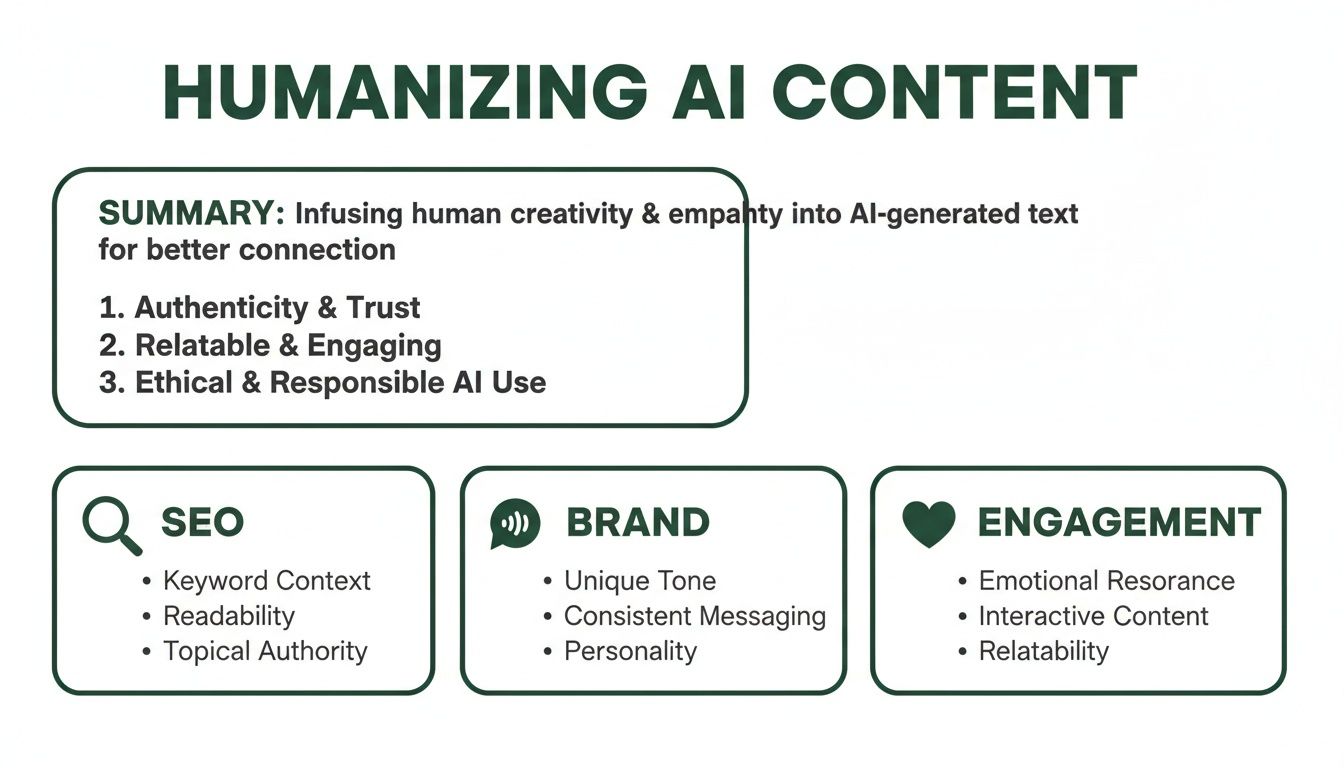 An infographic detailing humanizing AI content for better connection, focusing on authenticity, SEO, brand, and engagement.