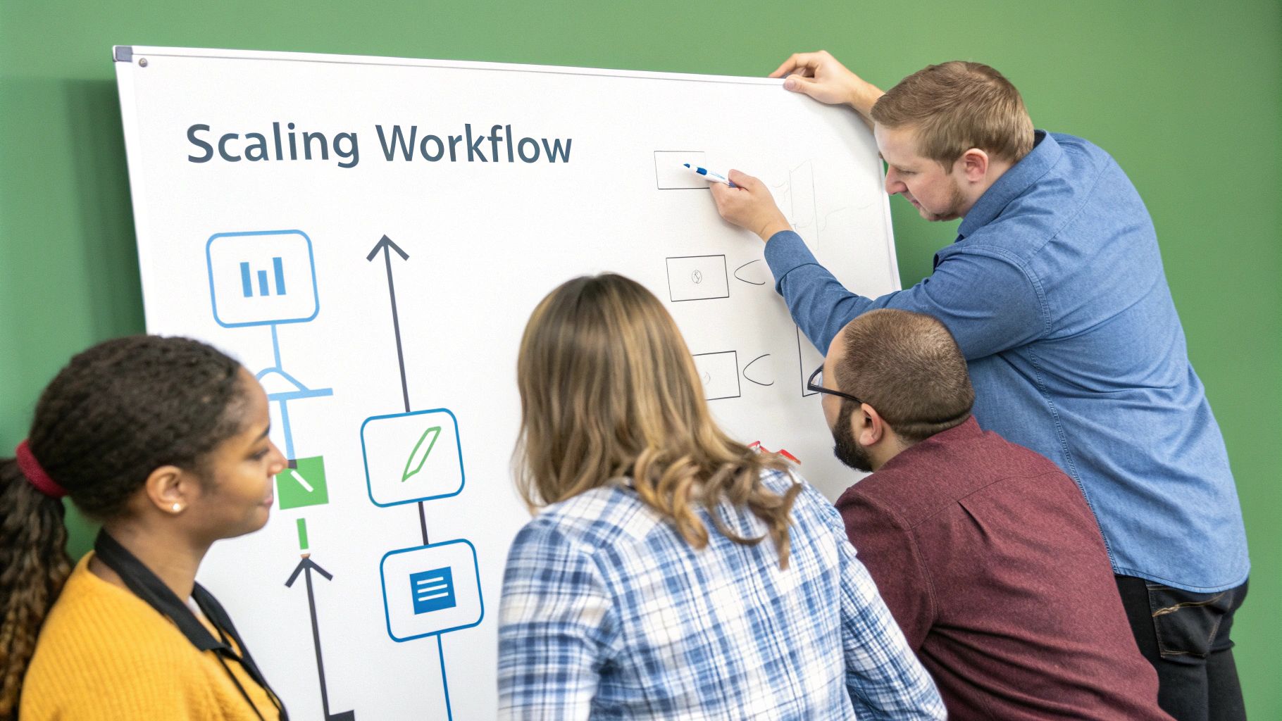 A group of people collaborating around a table with laptops and diagrams, illustrating a workflow process.
