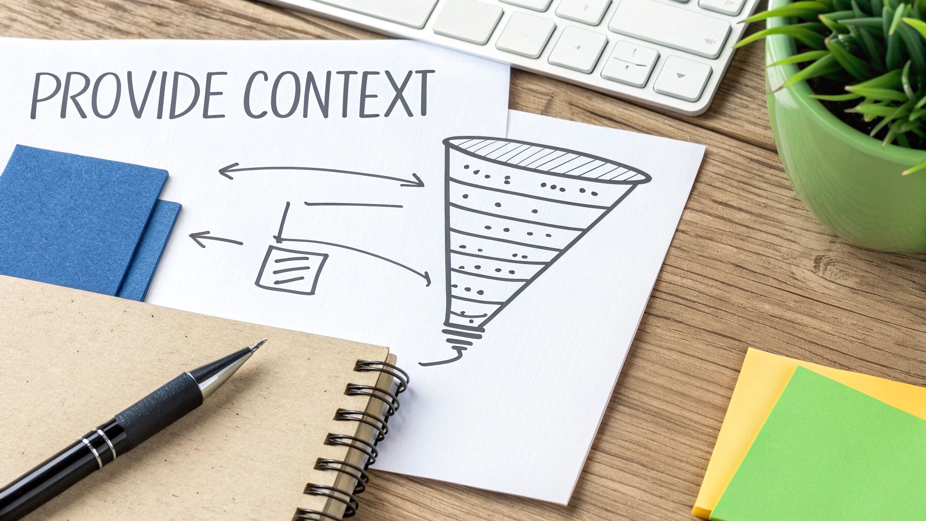 A person drawing a line through a funnel, illustrating the concept of narrowing focus.